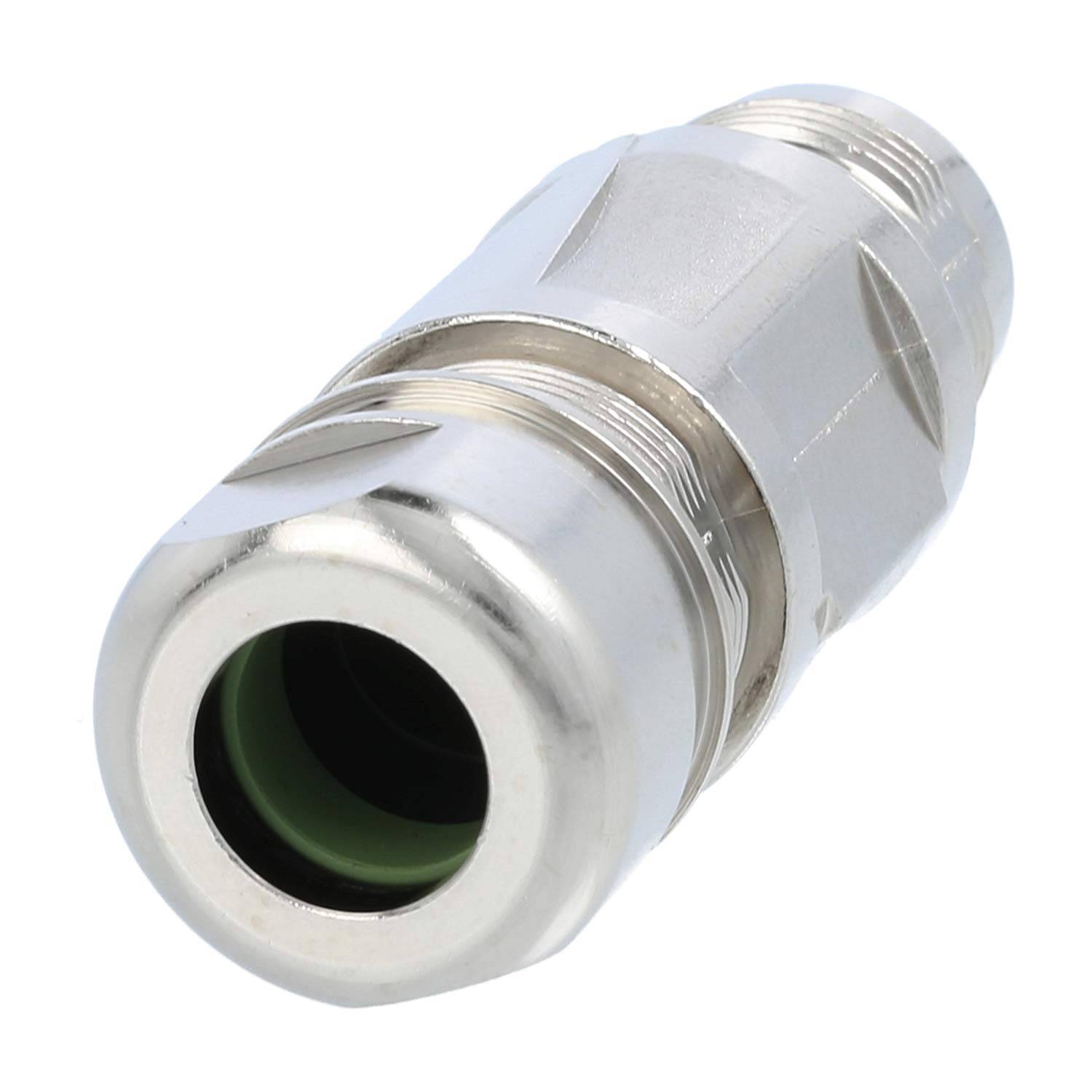 Ein Koaxialstecker aus Metall mit einer zylindrischen Form, der einen grünen Isolator in der Öffnung aufweist. Wird für Kabelverbindungen in elektronischen Systemen verwendet.