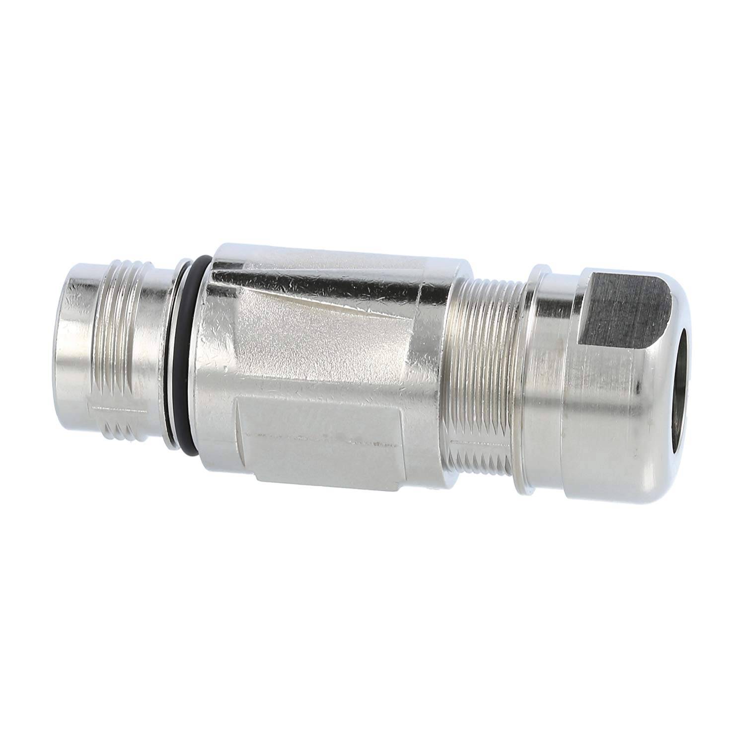 Eine metallische hydraulische Verschraubung mit Gewindeanschlüssen, entwickelt zum Verbinden von Rohren in Fluidsystemen. Silberner Finish und kompaktes Design.