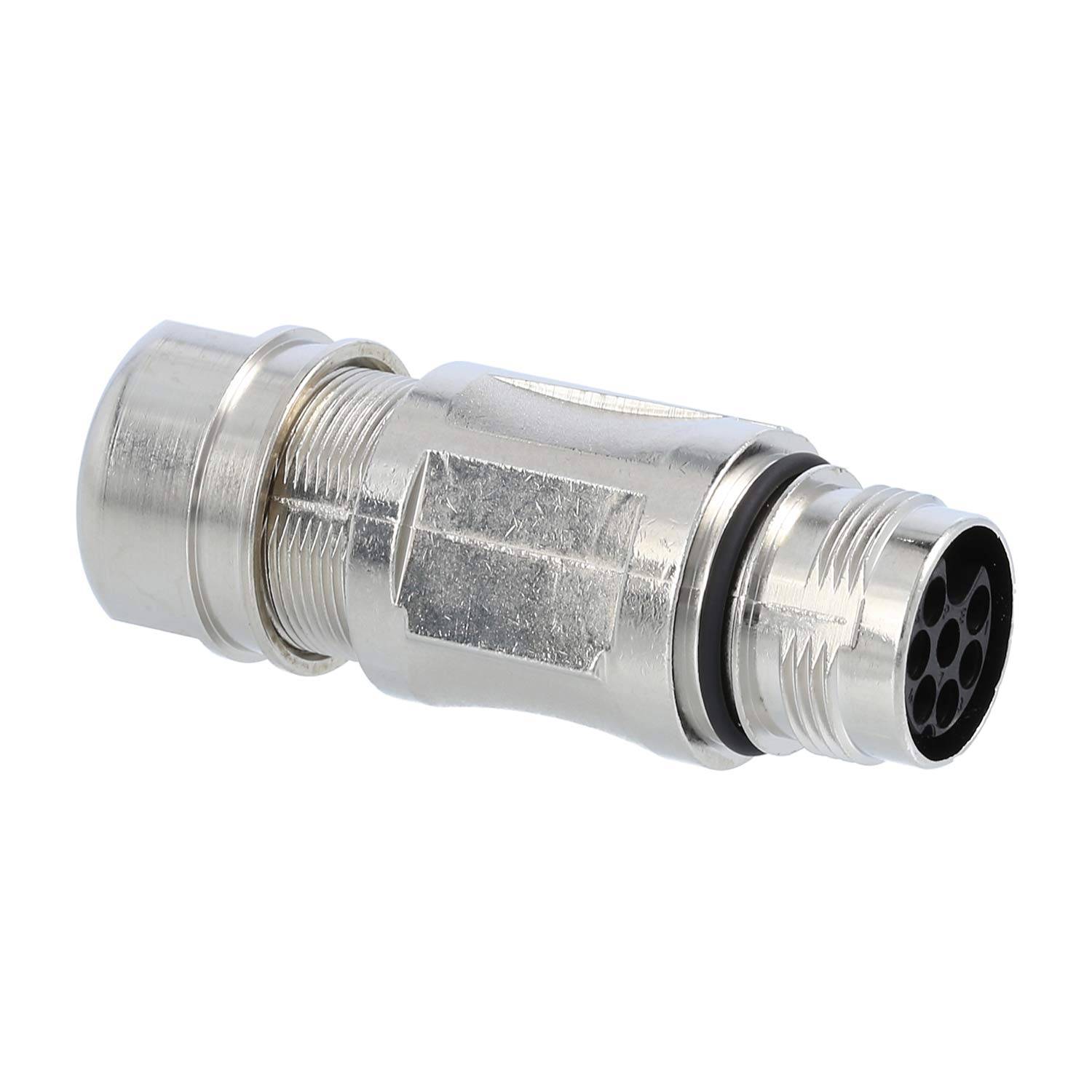 Metallischer M12-Rundsteckverbinder mit einem abgewinkelten Design und sechs Kontaktstiften, der häufig in industriellen und Automatisierungsanwendungen eingesetzt wird.