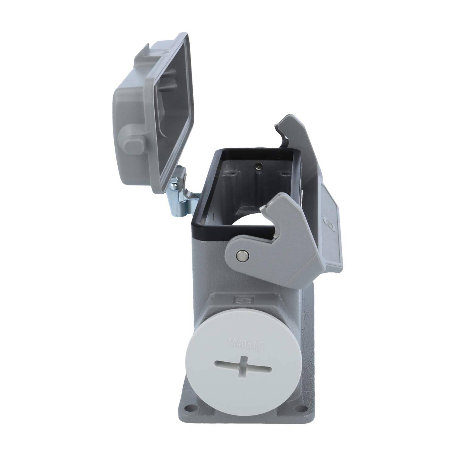 Outdoor-Steckdose mit wetterfester Abdeckung, geöffnet, um das Innenkompartiment zu zeigen.