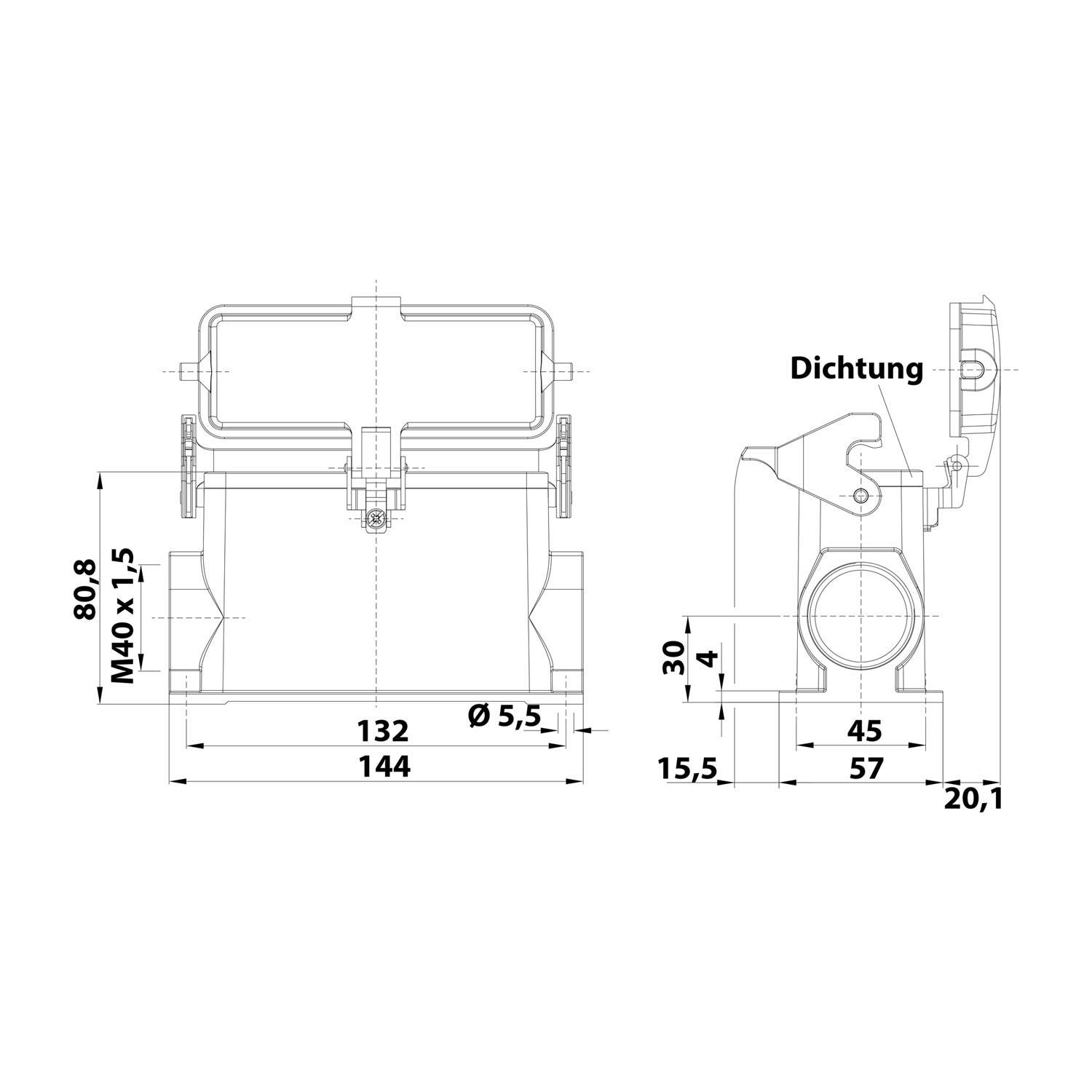 Technische Zeichnung einer mechanischen Komponente mit Abmessungen. Beinhaltet Front- und Seitenansichten mit Maßangaben in Millimetern.