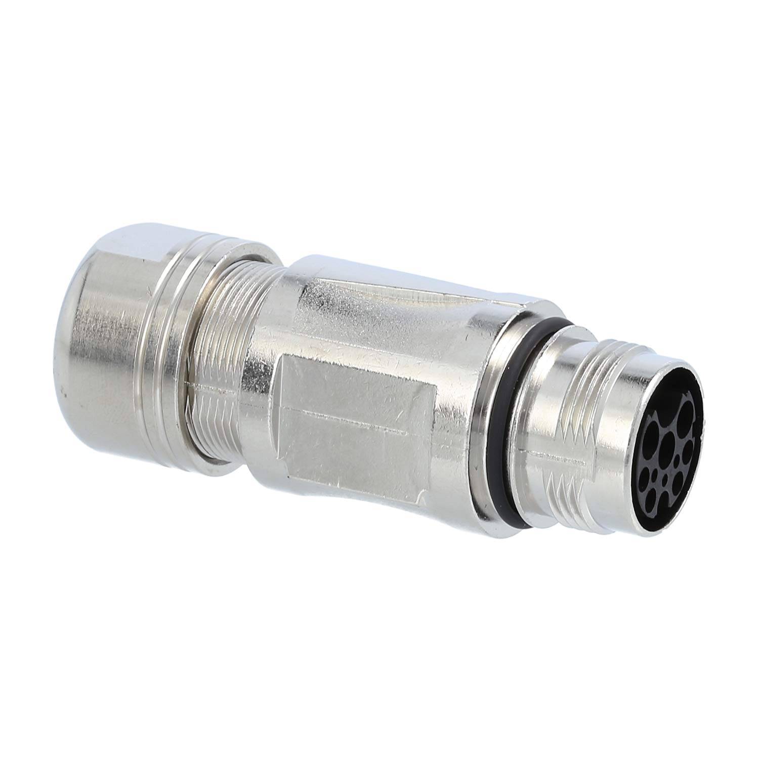 Ein metallischer Verbinder mit mehreren Pins, die in einer kreisförmigen Anordnung angeordnet sind und für sichere elektrische Verbindungen in industriellen oder elektronischen Anwendungen verwendet werden.