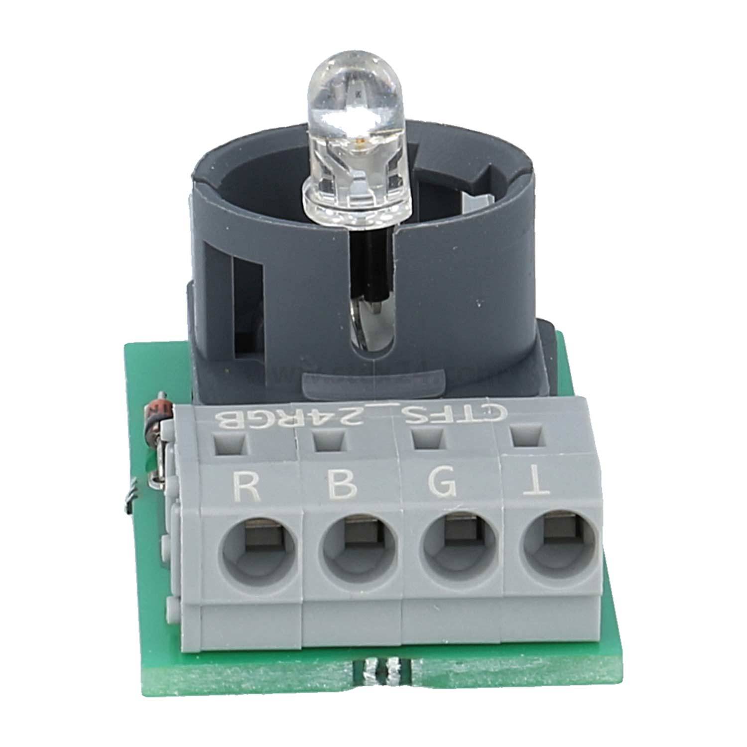 Eine kleine Leiterplatte mit einer montierten LED-Lampe und einer Anschlussklemme mit der Beschriftung 