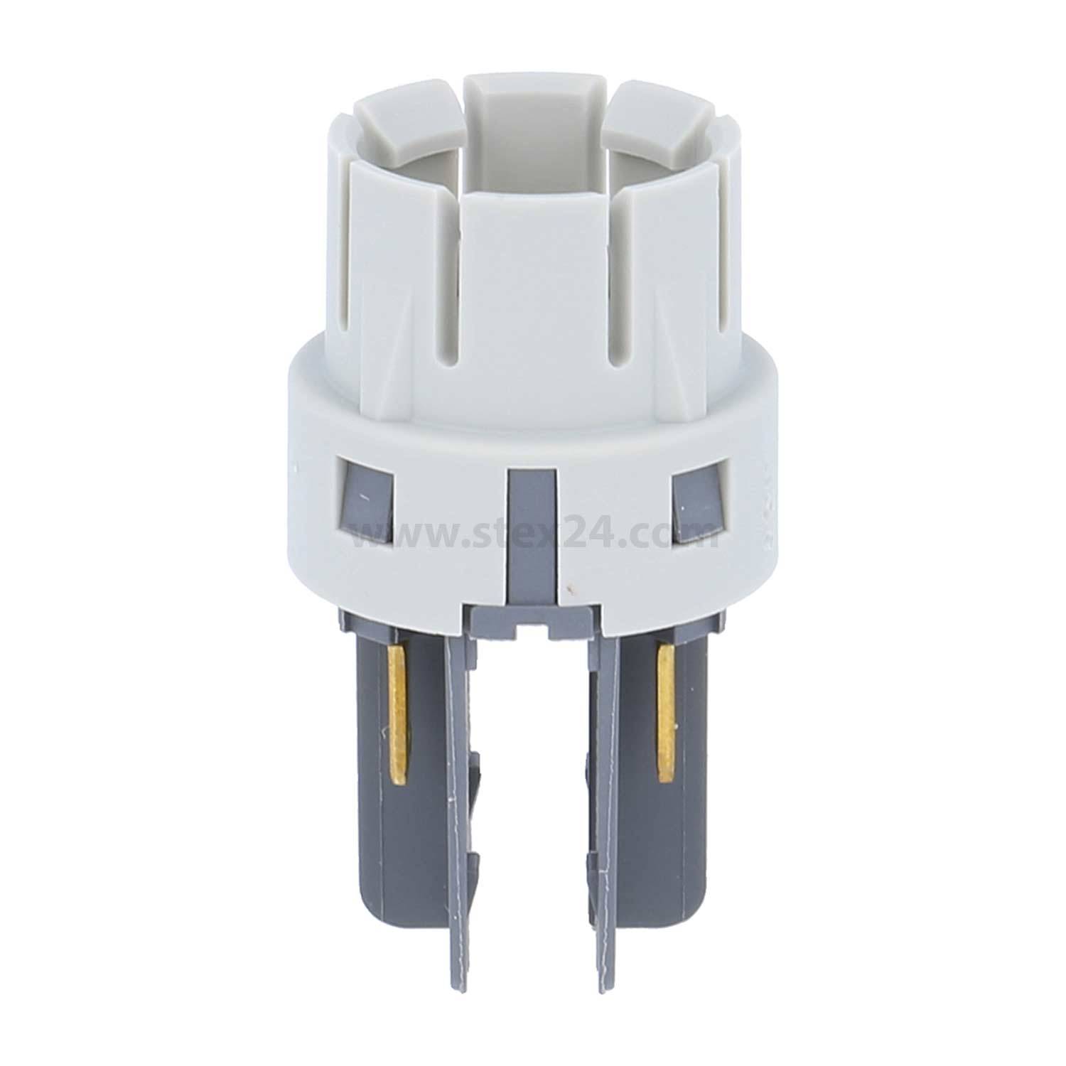 Ein weißer und grauer Automotive-Glühbirnenfassungshalter mit zwei Metallzacken und einem kreisförmigen oberen Teil, der für das Einsetzen und Verbinden in eine Fassung konzipiert ist.