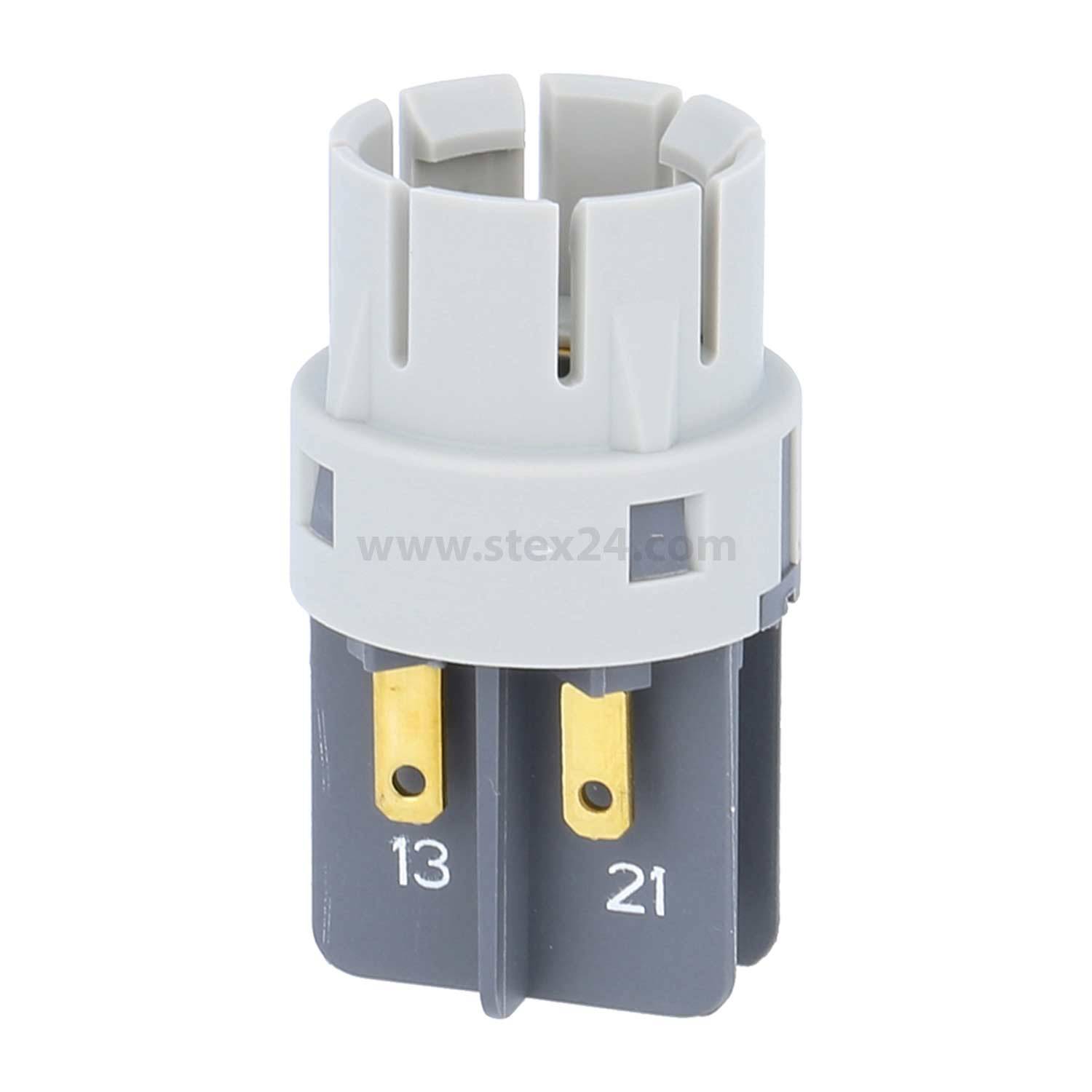 Grauer elektrischer Verbinder mit goldenen Pins, beschriftet mit 13 und 21, verwendet für Energie- oder Signalverbindungen.