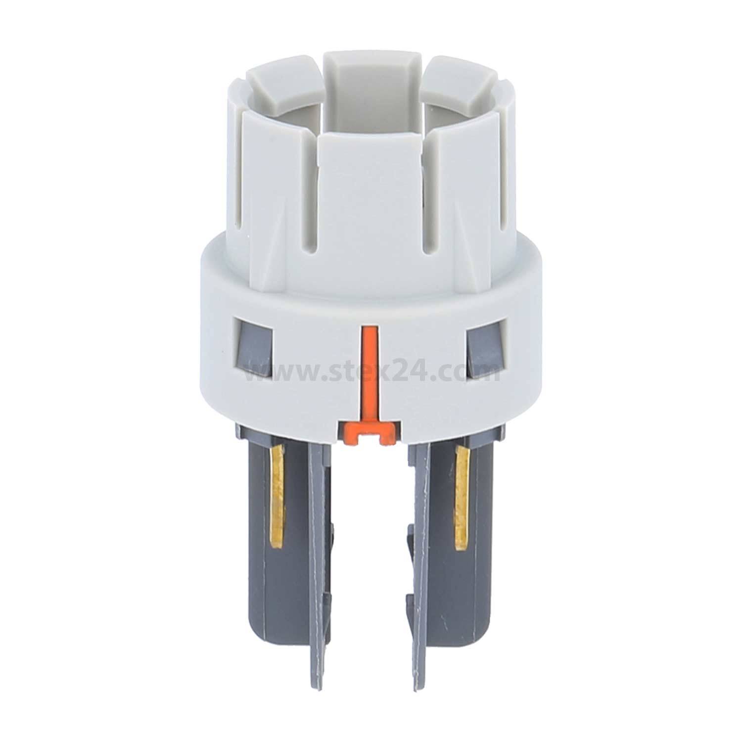 Grauer Autoanschluss mit offener Buchse und zwei metallischen Kontakten, verwendet für elektrische Verdrahtung in Fahrzeugen.