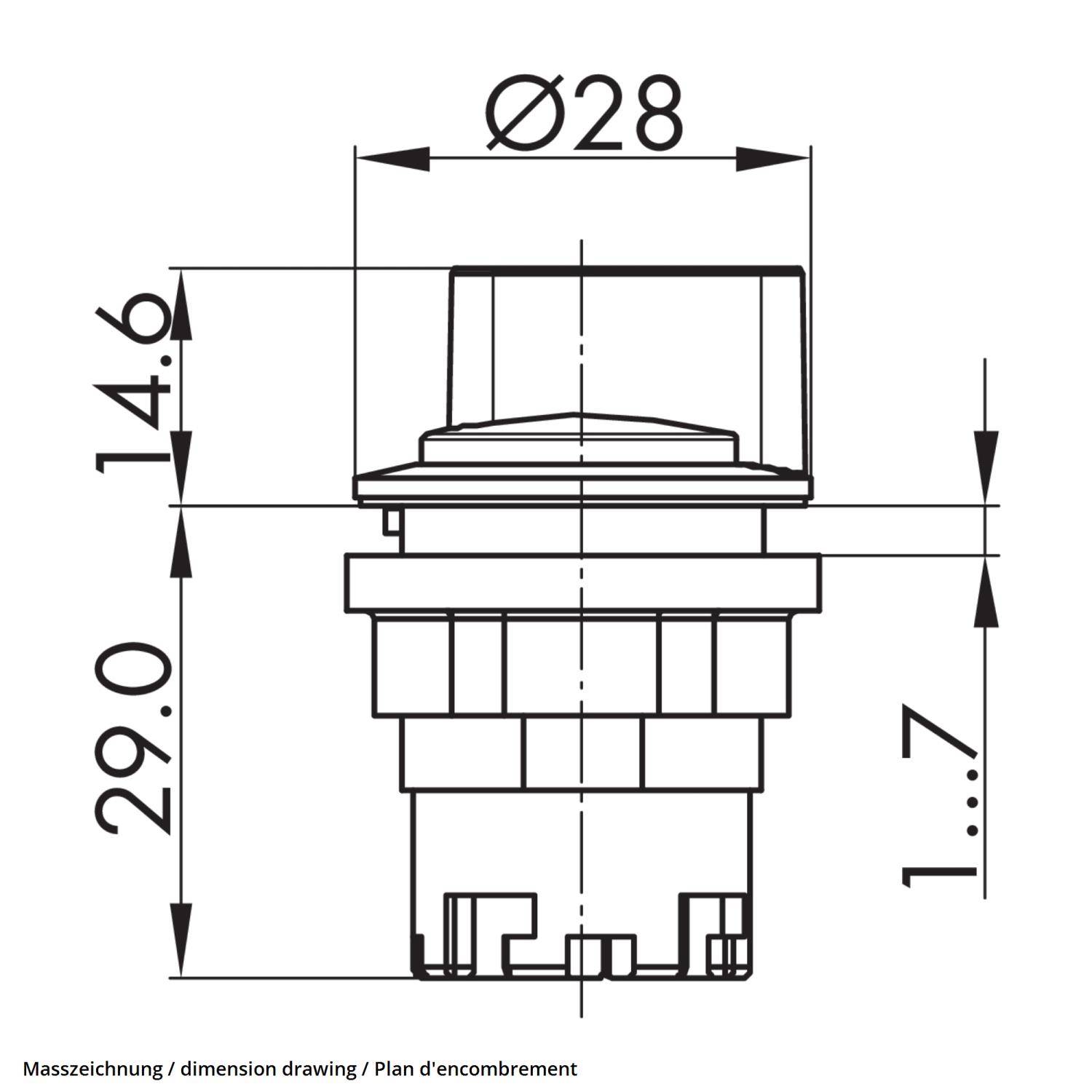 Maßzeichnung eines runden Knopfes. Oberer Durchmesser: 28 mm, Höhe: 14,6 mm, zusätzliche Basishöhe: 29 mm. Basistiefe: 1,7 mm.