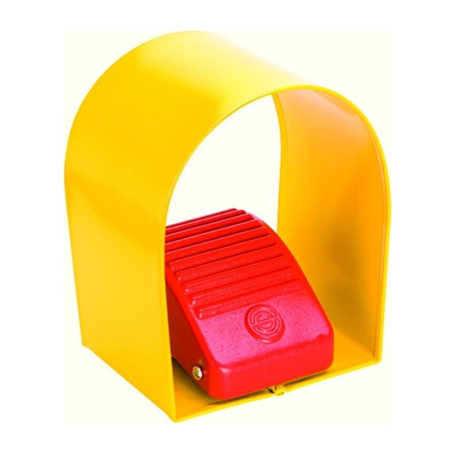 Ein hellroter Fußschalter, der unter einer gelben Schutzabdeckung untergebracht ist und häufig verwendet wird, um Maschinen hands-free zu bedienen und die Sicherheit zu gewährleisten.