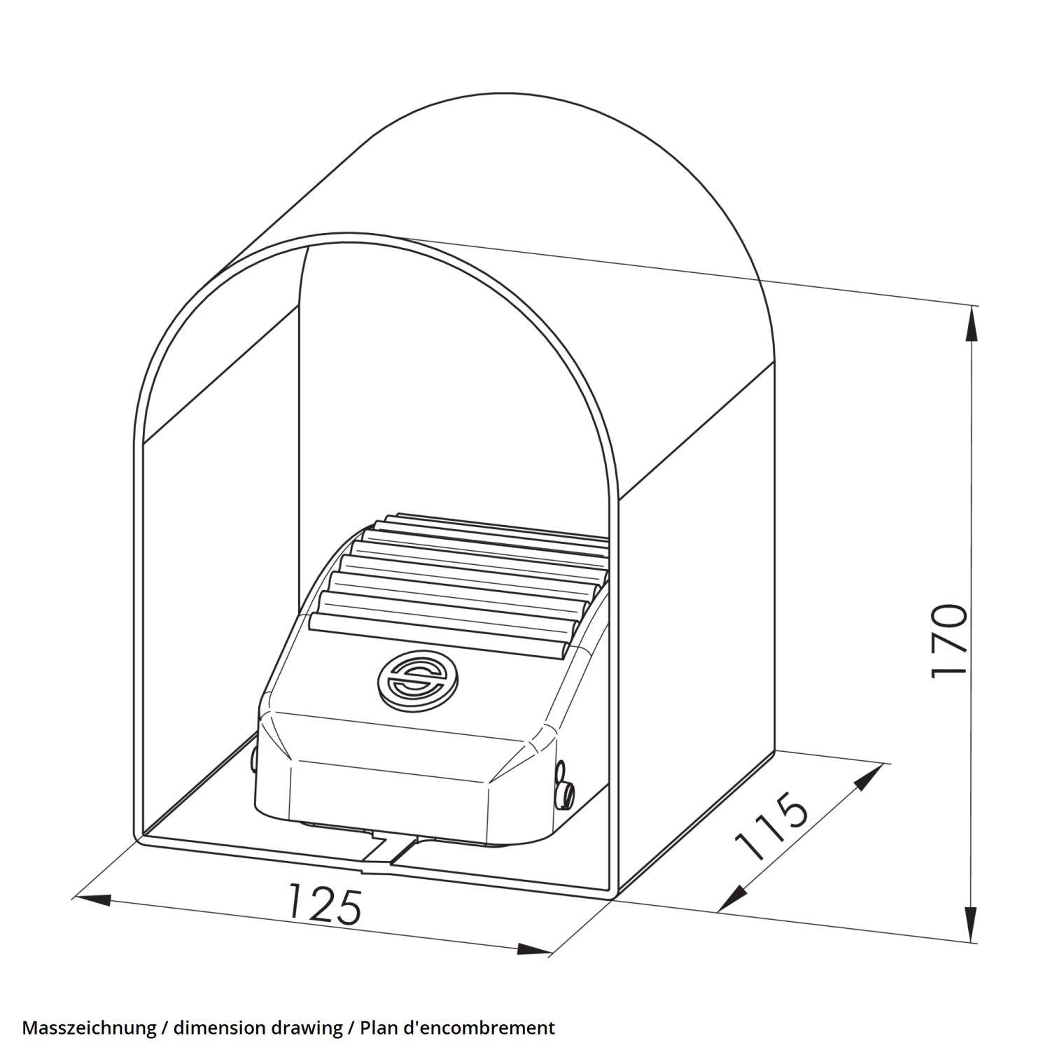 Eine Linienzeichnung eines Schutzgehäuses für ein Gerät, Abmessungen beschriftet: Höhe 170, Breite 125, Tiefe 115. Gerät im Inneren ist beschriftet.
