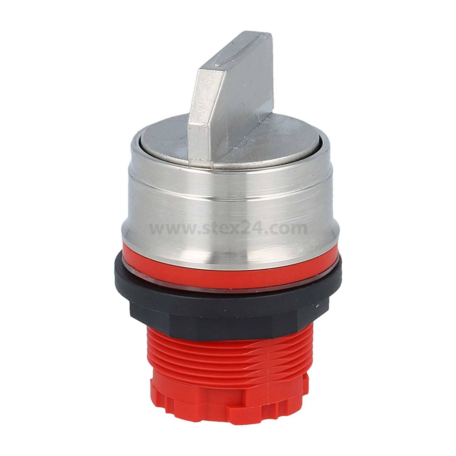 Ein metallischer Schlossschalter mit einem flachen, rechteckigen Schlüsseleinsatz, montiert auf einer runden roten und schwarzen Basis.