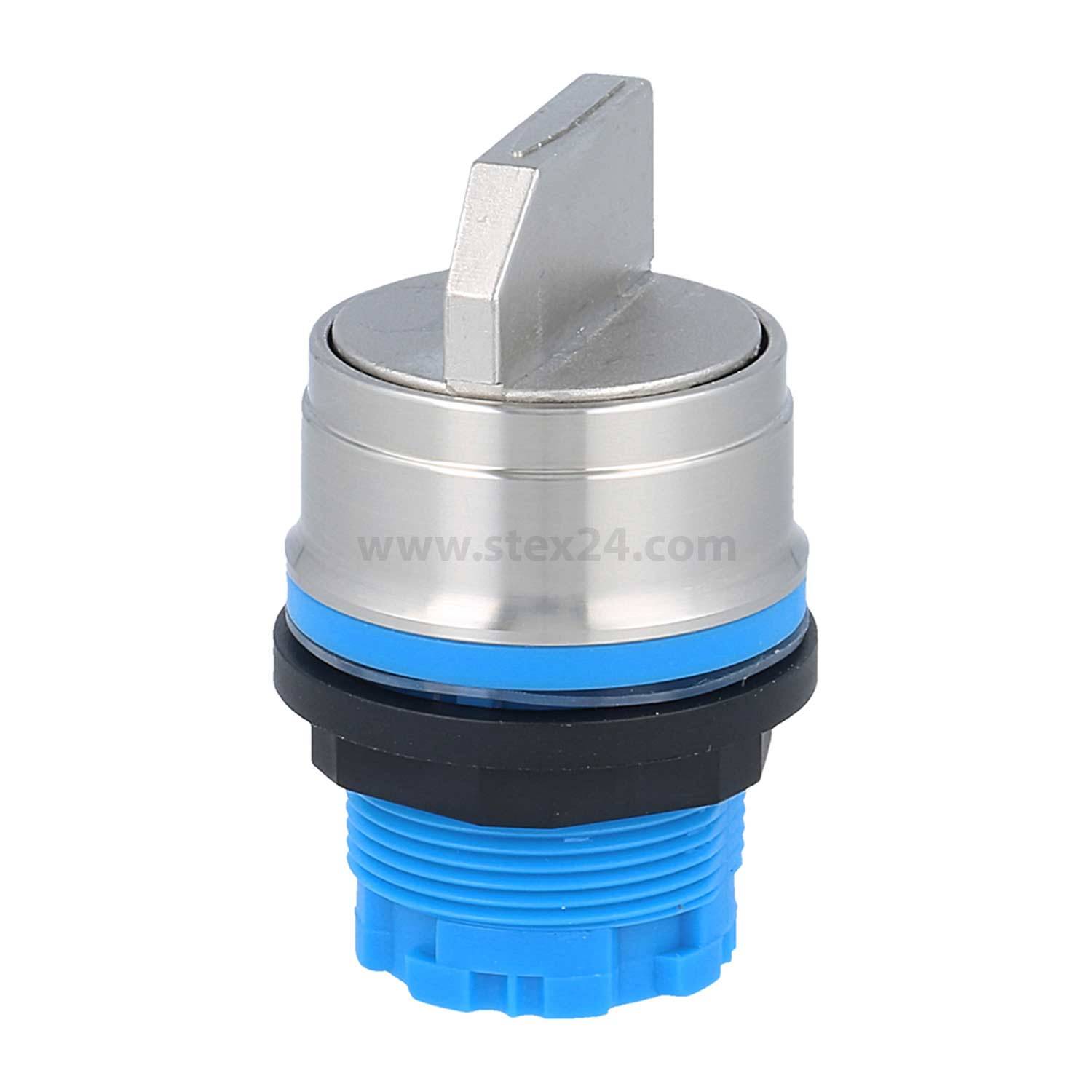 „Ein blau-silberner Drehschalter mit rechteckigem Betätigungselement und Gewindeloch, aus einem Winkel betrachtet.