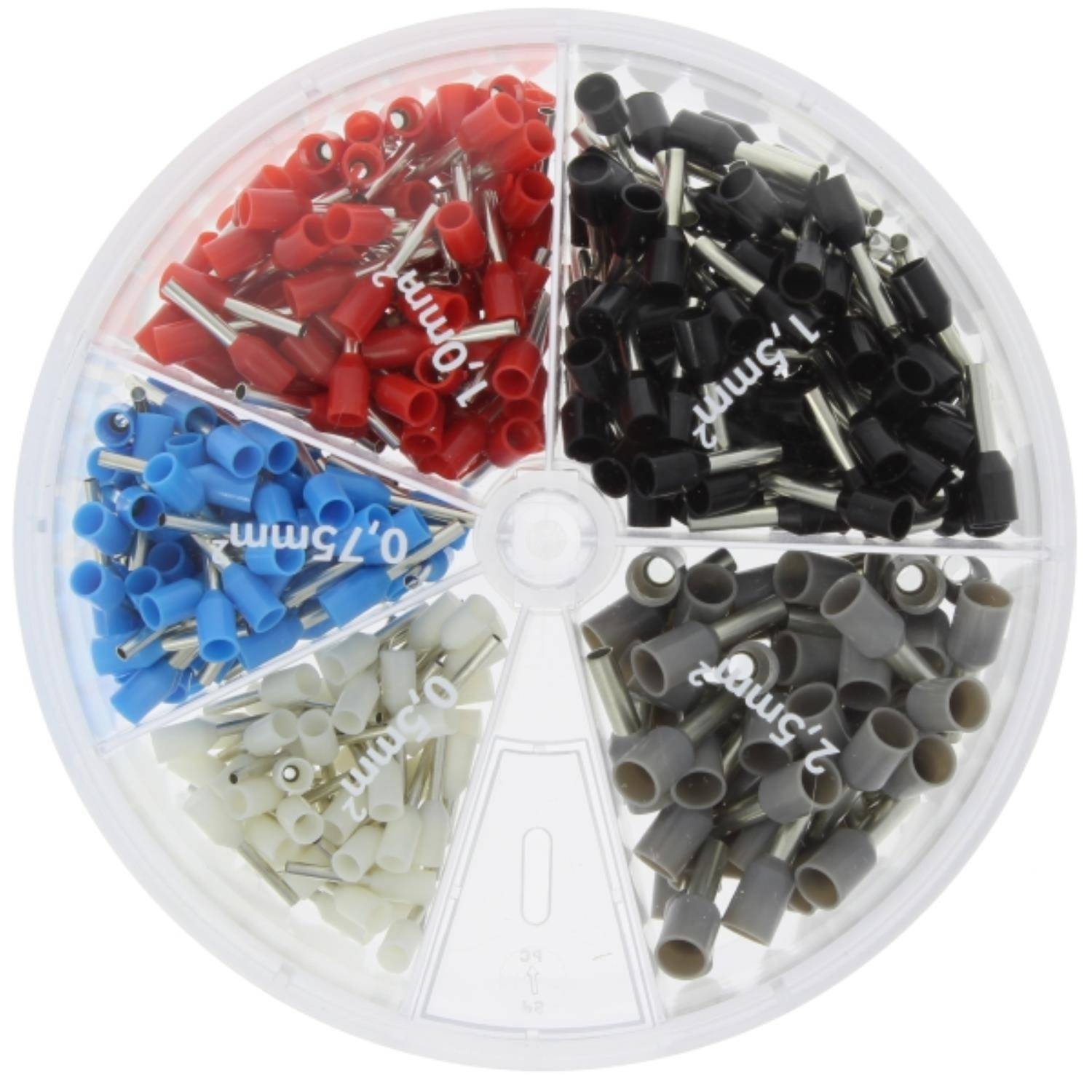 Aderendhülsen-Set in einem runden Organizer mit Abschnitten von roten, schwarzen, weißen, grauen und blauen isolierten Aderendhülsen, beschriftet mit Größenangaben.
