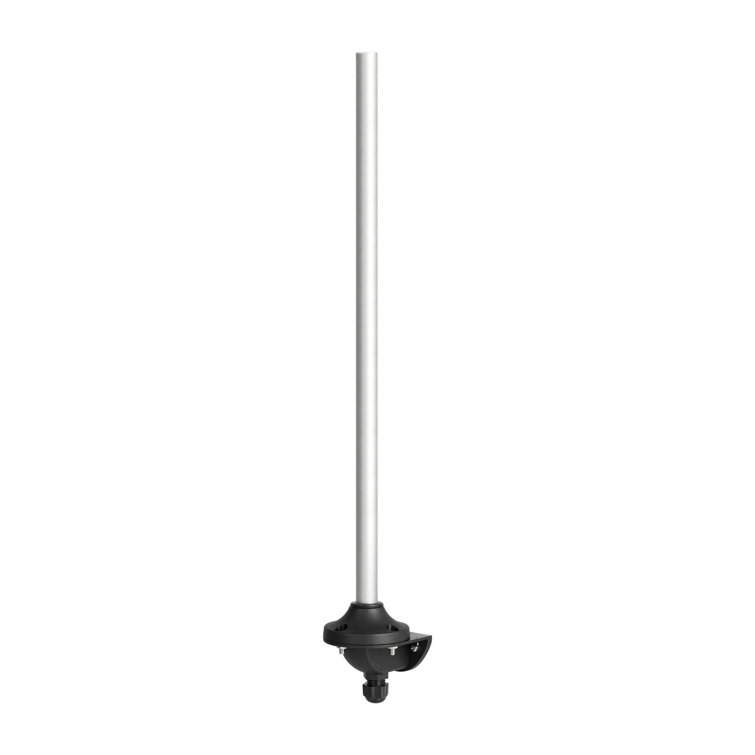 Eine Antenne mit einer langen, vertikalen Stange und einer schwarzen Basis, die für Kommunikationszwecke entwickelt wurde.