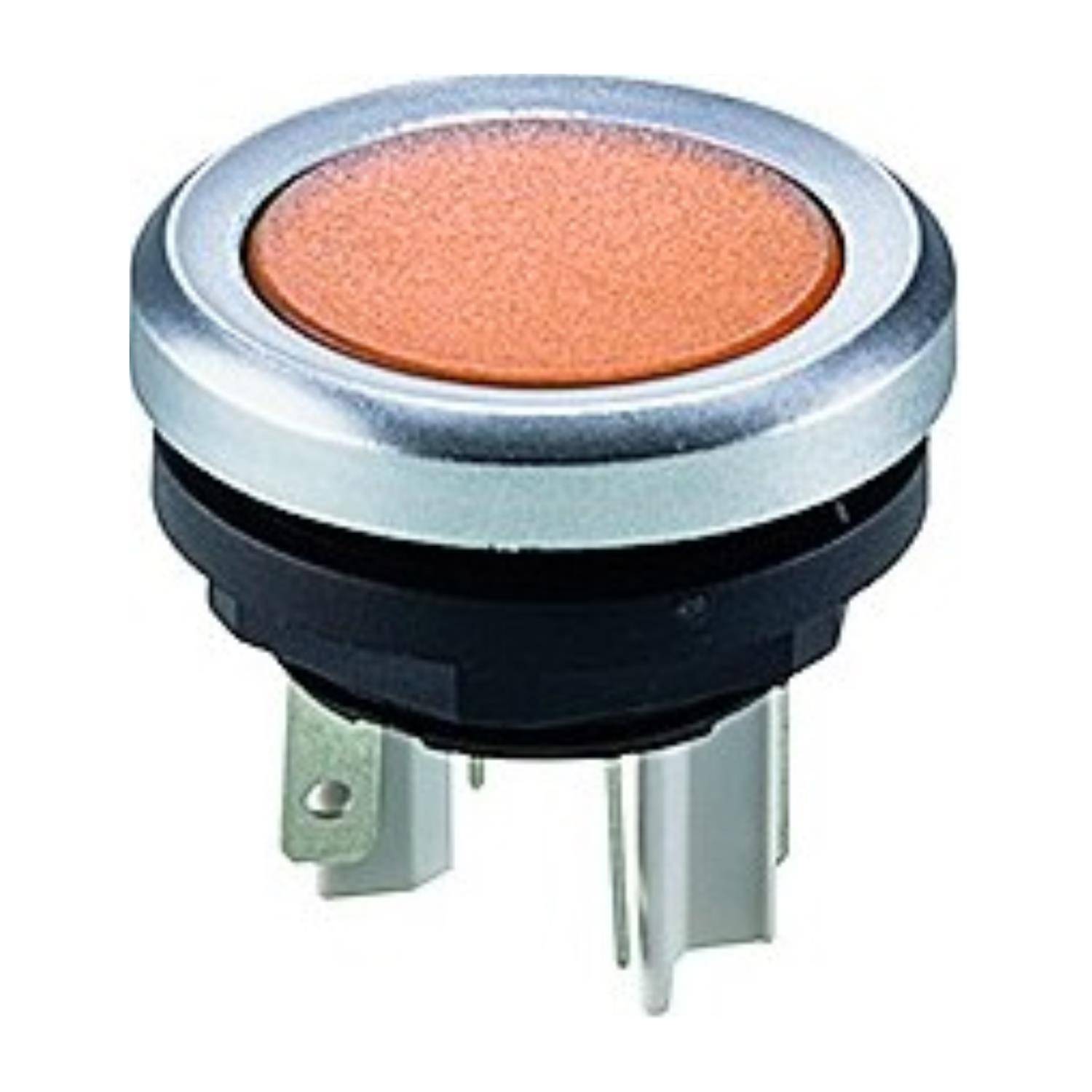 Runder orangefarbener Drucktaster mit Metallrand, geeignet für elektronische Geräte; ausgestattet mit drei Metallanschlüssen für Verbindung.