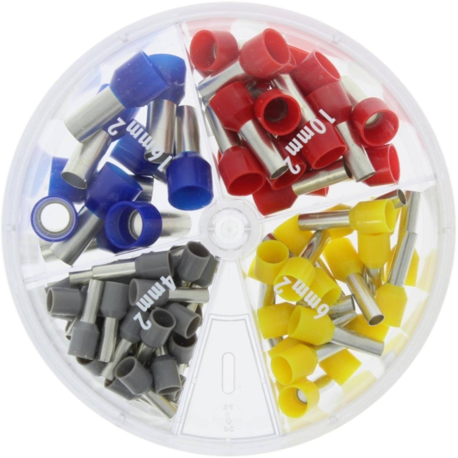 Ein Behälter in Kreisform mit Abschnitten, die verschiedene isolierte Ferrule in Blau, Rot, Gelb und Grau enthält, beschriftet mit unterschiedlichen Größen.