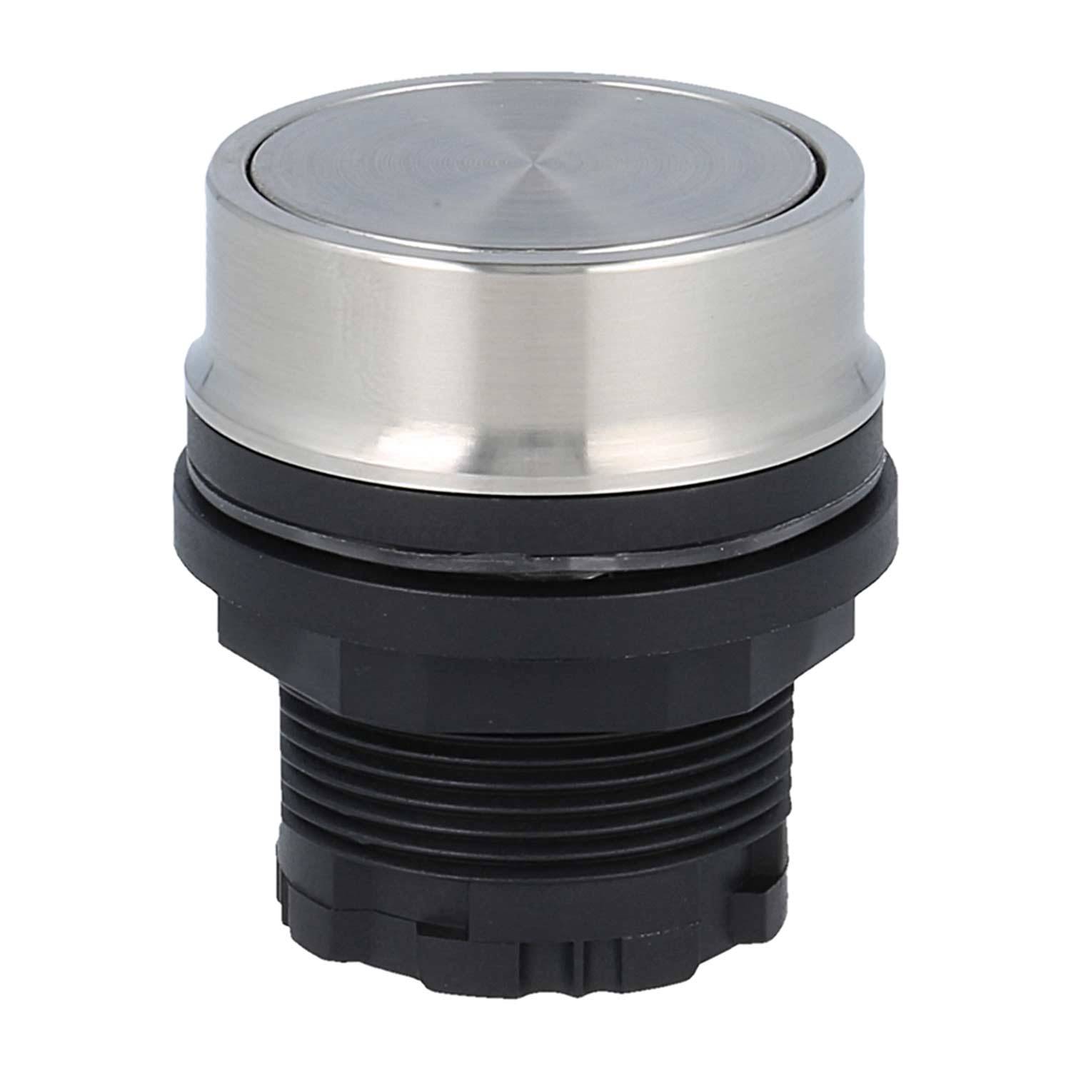 Ein metallischer Drucktaster mit glatter, abgerundeter Oberfläche und schwarzer Gewindebuchse für die Installation. Verwendet zur Steuerung elektrischer Geräte.