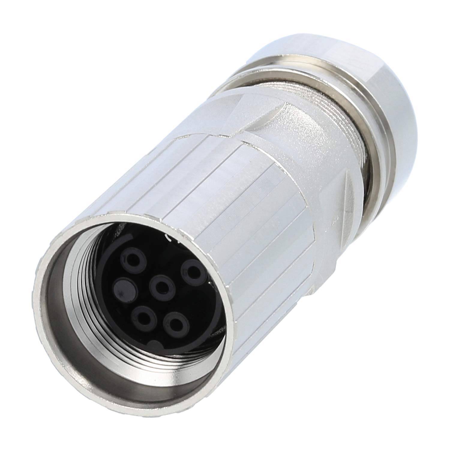 Ein silberner Anschluss mit mehreren Pins in seiner kreisförmigen Fassung, konzipiert für industrielle oder elektronische Anwendungen.