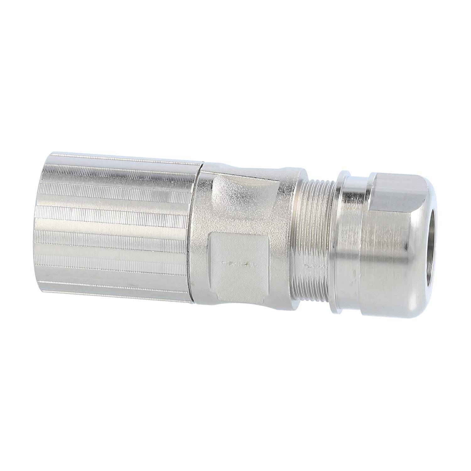 Ein metallischer Industrieverbinder mit gerippter zylindrischer Gestalt und Gewindelende, verwendet in elektrischen oder mechanischen Baugruppen.