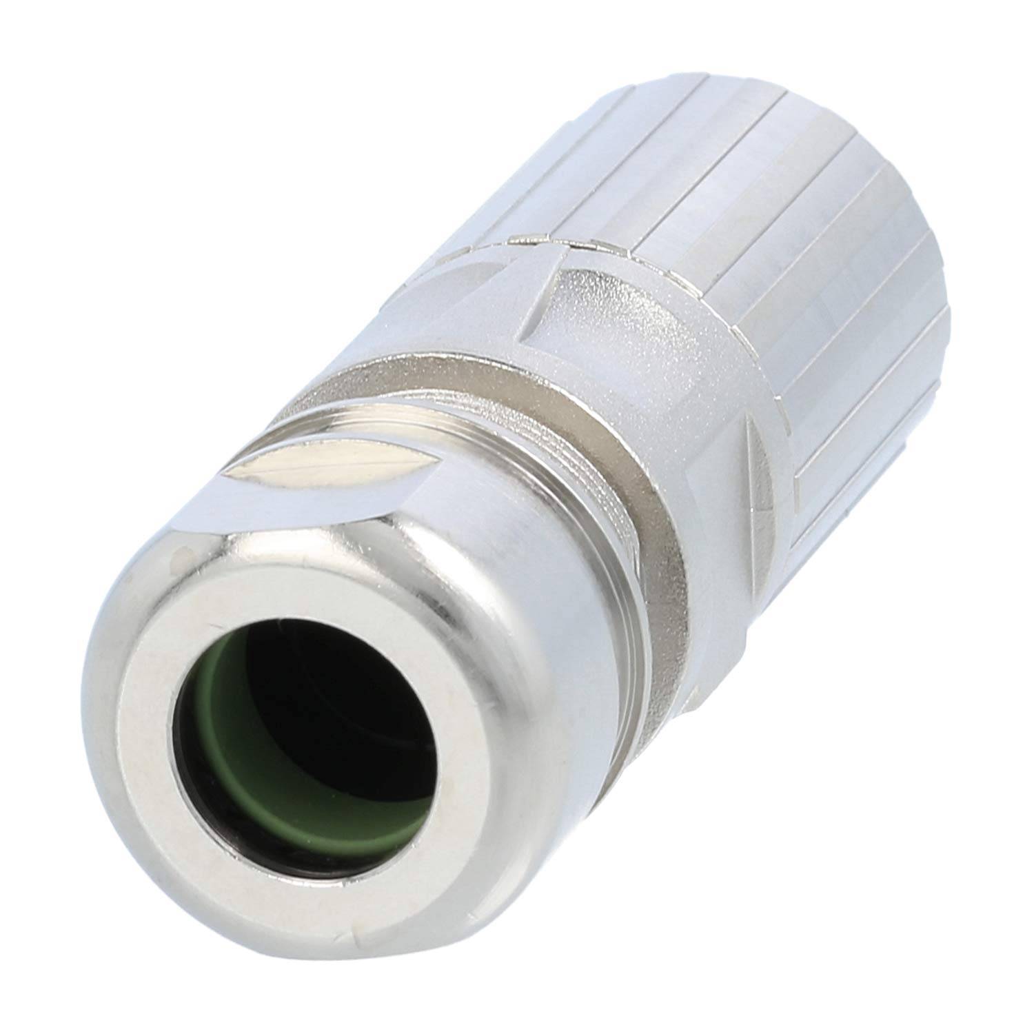 Ein silberner Metallkoaxialstecker vom Typ F mit gerilltem Griff, der für Fernseh- oder Internetkabelverbindungen verwendet wird.