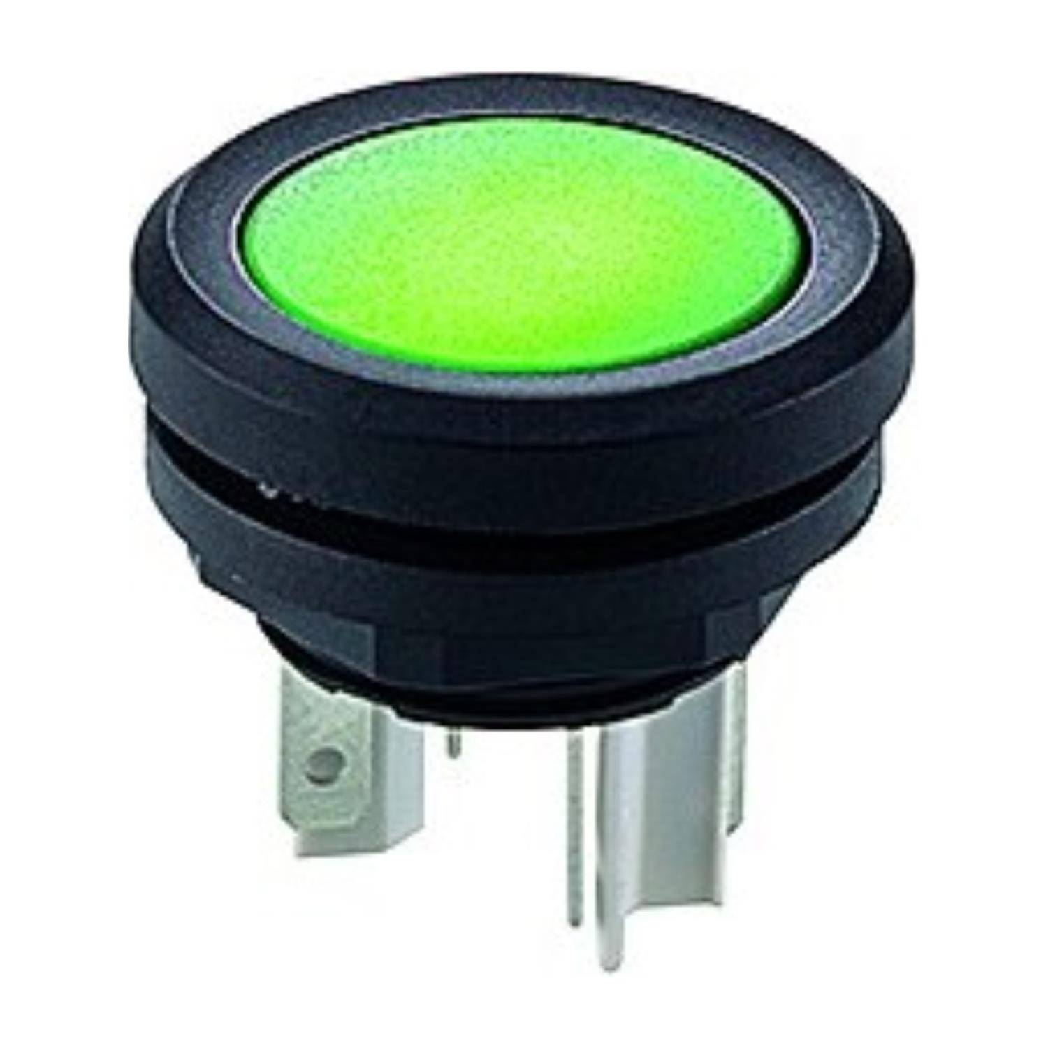 Runder grüner Druckknopfschalter mit schwarzem Gehäuse und Metallkontakten, konzipiert für elektronische Geräte oder Schalttafeln.