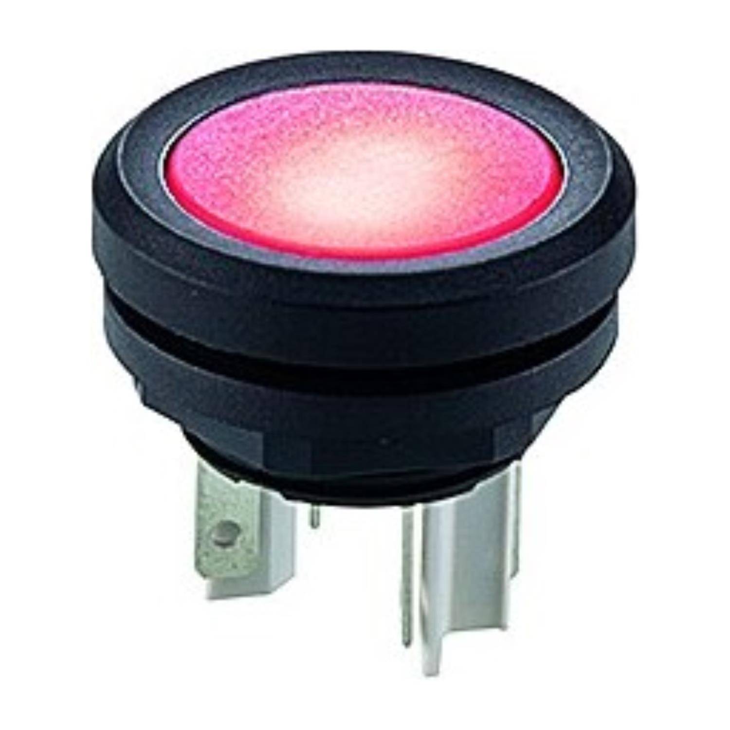 Ein runder, beleuchteter roter Drucktaster mit schwarzem Gehäuse und Metallstiften, der zur Steuerung elektrischer Schaltkreise verwendet wird.