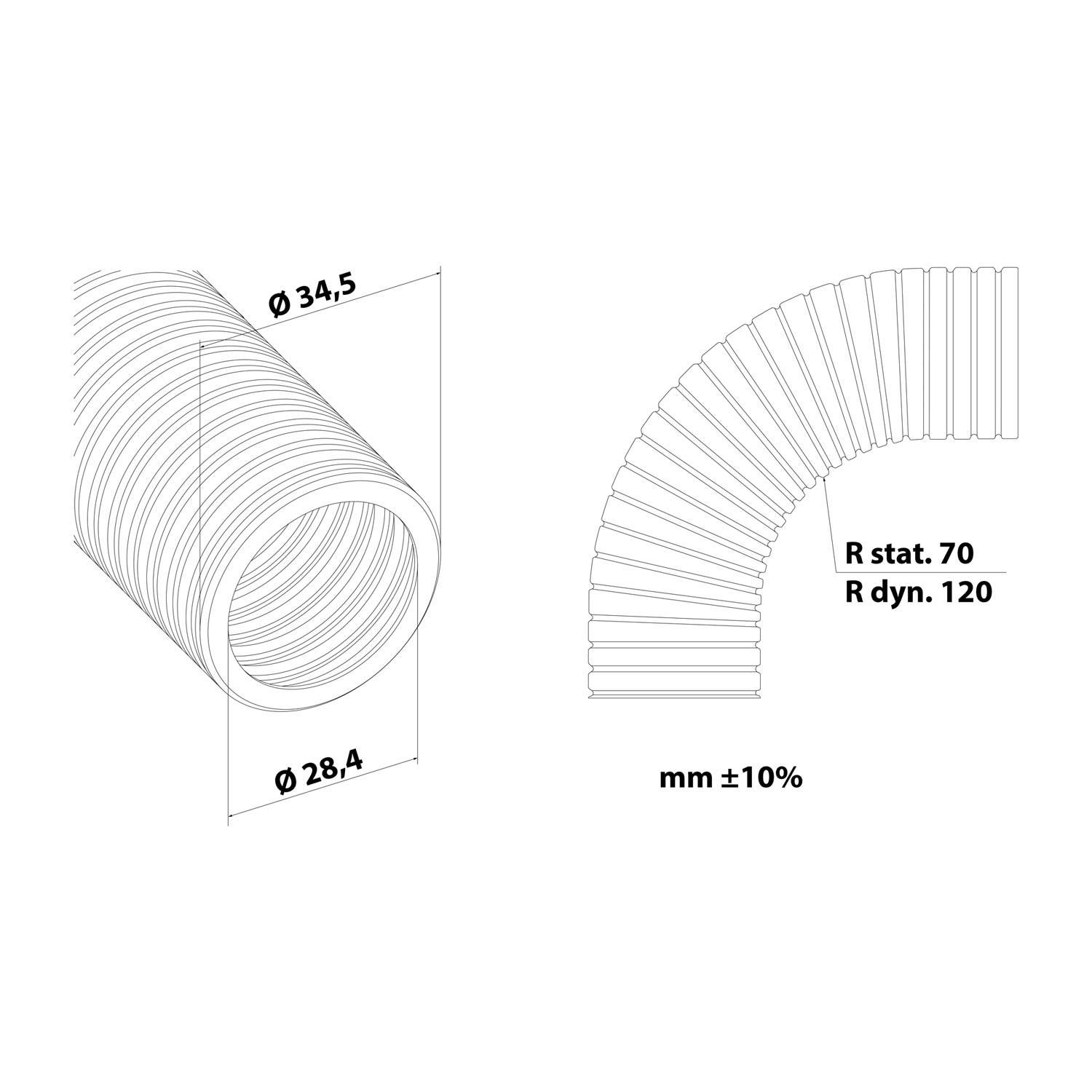 Technische Zeichnung eines gekrümmten Schlauchs mit Durchmessern Ø 34,5 mm und Ø 28,4 mm. Beschriftungen zeigen statischen Radius 70 und dynamischen Radius 120.