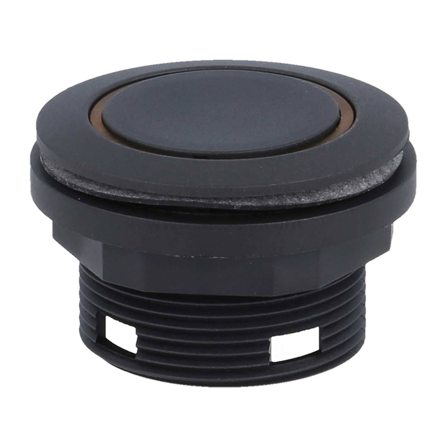 Ein schwarzer Drucktaster mit bündiger, kreisförmiger Gestaltung und gerippter Gewindebase, der häufig in elektronischen Geräten oder Steuerungspanels zum Einsatz kommt.