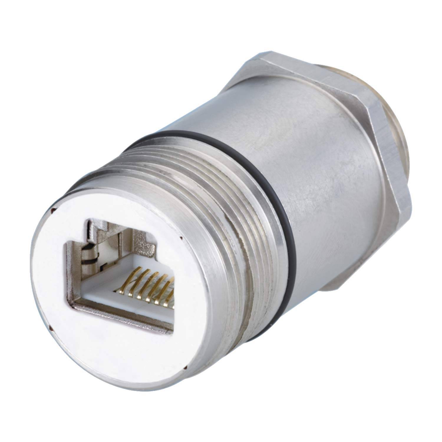 Ein Metall-Ethernet-Anschluss mit einem RJ45-Stecker, ausgestattet mit einem robusten, industriellen Design, das für raue Umgebungen geeignet ist.