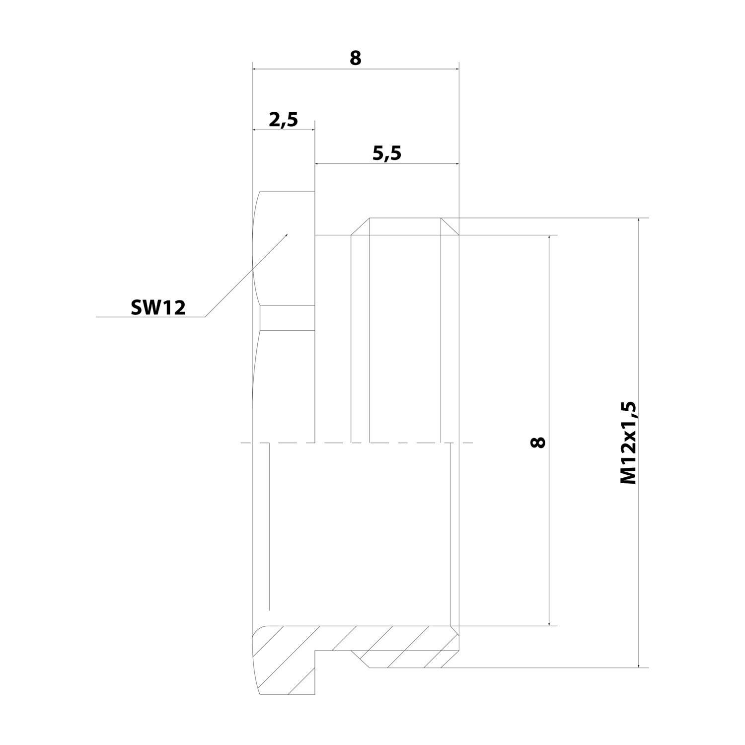 Technische Zeichnung eines mechanischen Bauteils mit Abmessungen: 8 Einheiten Länge, M12x1,5 Gewinde, SW12, detaillierte Maße von 2,5, 5,5 und 8.