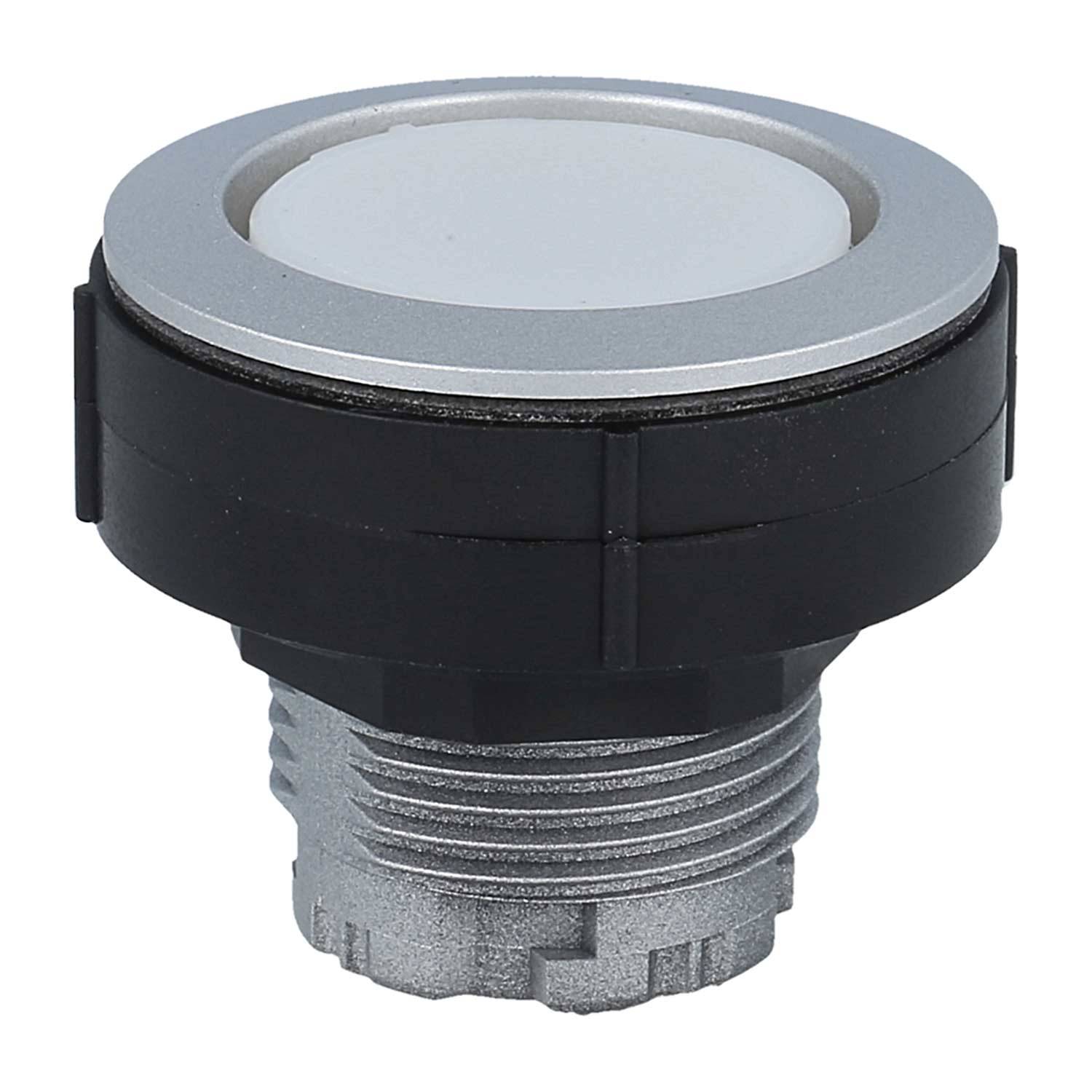 Industrieller Drucktaster, silber und schwarz, mit einem metallischen zylindrischen Gehäuse, für Maschinen oder Bedienfelder konzipiert.