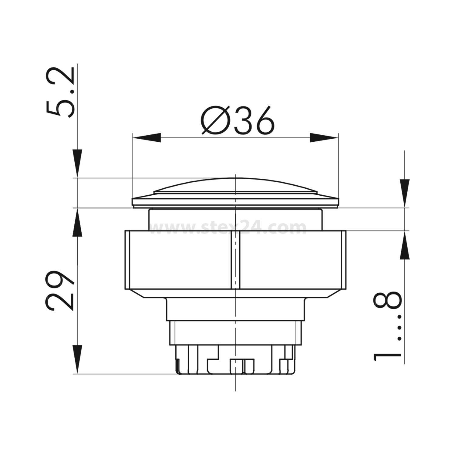 „Technische Zeichnung mit Abmessungen eines kreisförmigen Objekts: Durchmesser 36 mm, Gesamthöhe 29 mm und Höhe des oberen Abschnitts 5,2 mm.