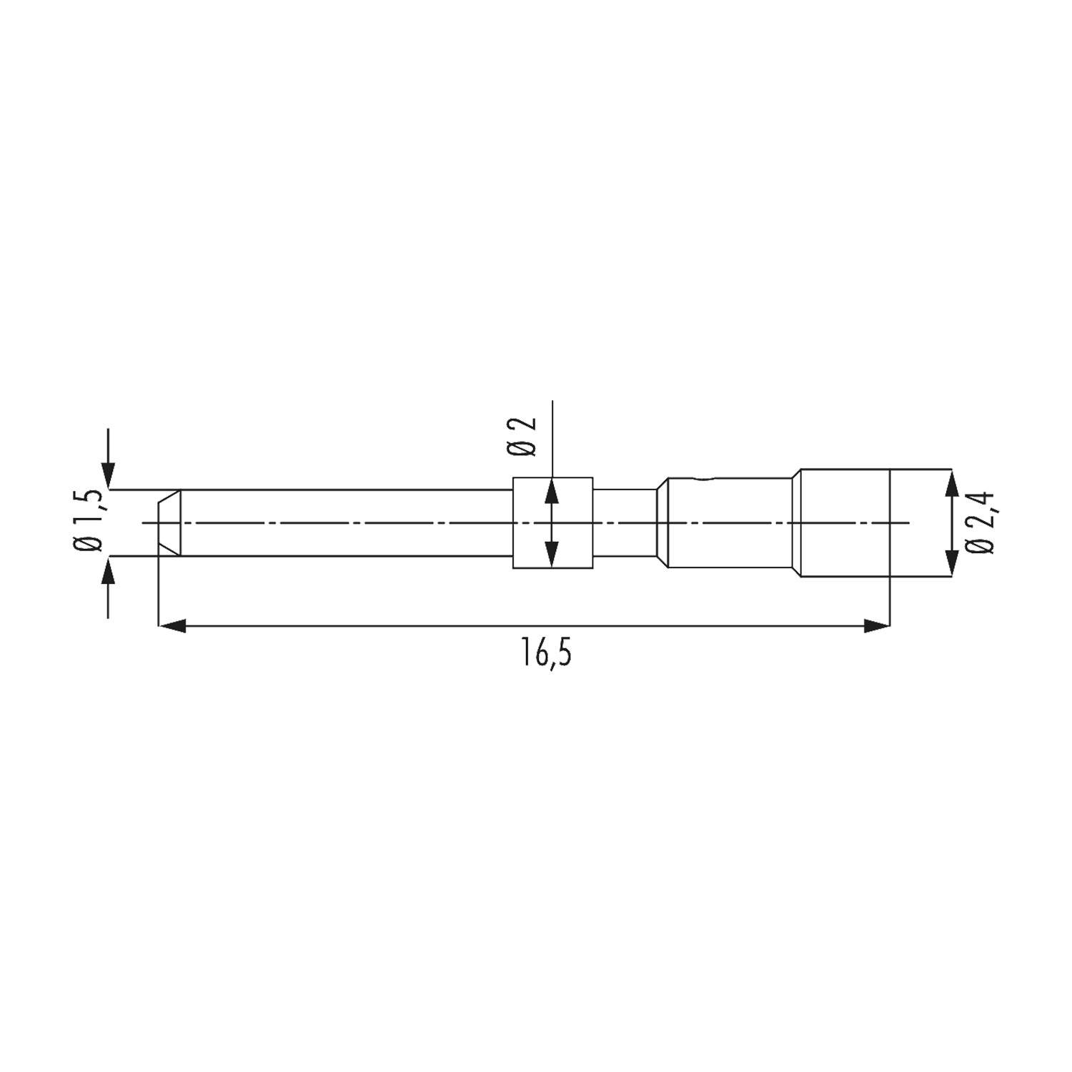Technische Zeichnung eines Pins: Länge 16,5 mm, Spitzendurchmesser 1,5 mm, mittlerer Durchmesser 2 mm, Enddurchmesser 2,4 mm.