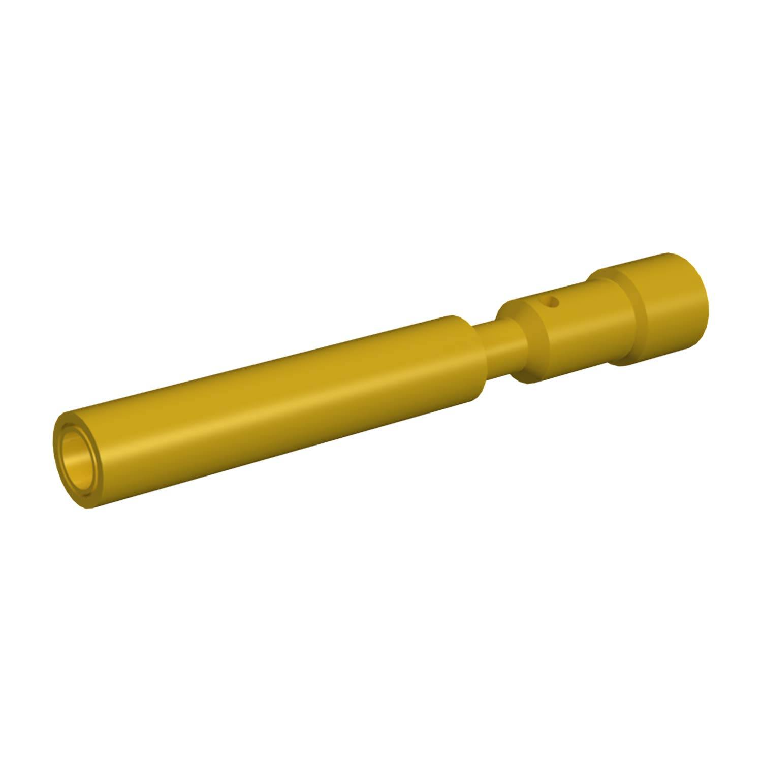 Ein gelbes zylindrisches Objekt mit unterschiedlichen Durchmessern und einem hohlen Innenraum, das einem mechanischen Bauteil oder einer Werkzeugkomponente ähnelt.