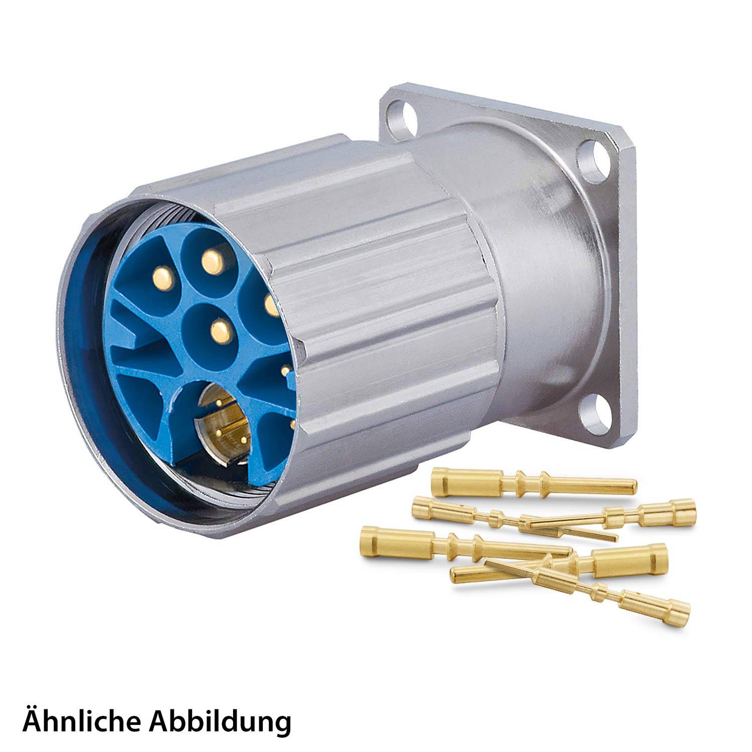 Verbindungssteckdose mit Metallgehäuse und blauem Innenbereich mit mehreren Pins, die zusammen mit einigen separaten goldenen Pins betrachtet wird.