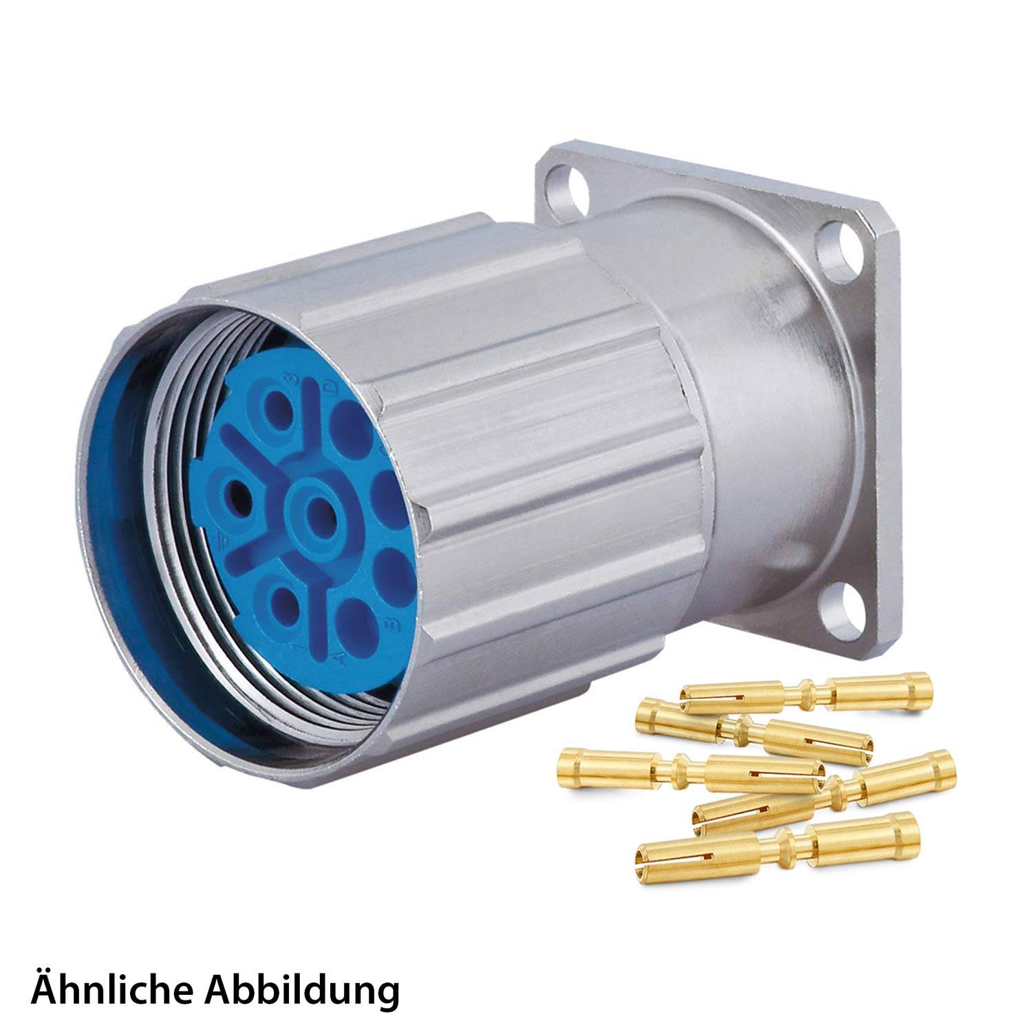 Ein silberner zylindrischer elektrischer Steckverbinder mit einer blauen Innenkomponente. Goldene Stifte werden daneben zur Montageveranschaulichung dargestellt.