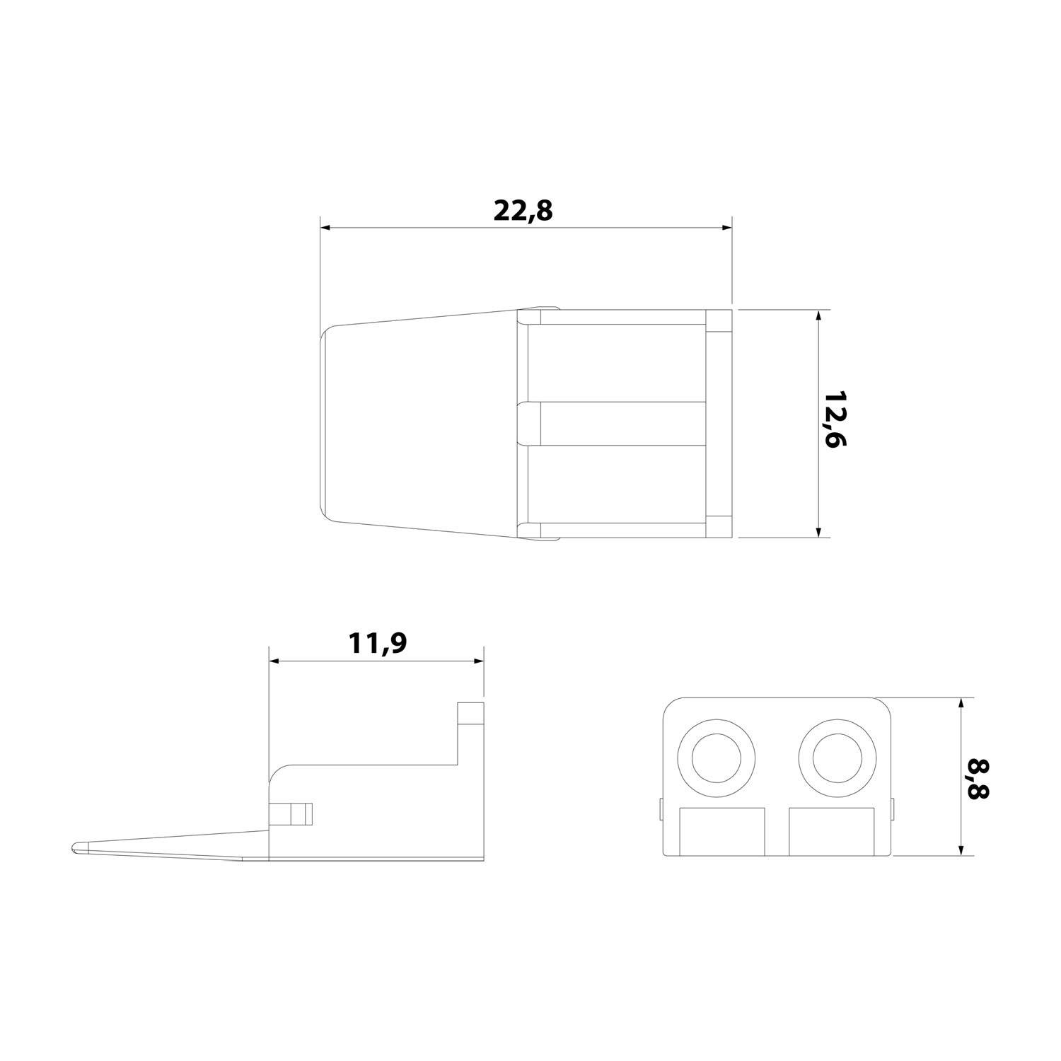 Technische Zeichnung eines Steckverbinders mit Maßangaben: Draufsicht 22,8 mm Breite, Seitenansicht 12,6 mm Höhe und Frontansicht 8,8 mm Höhe.