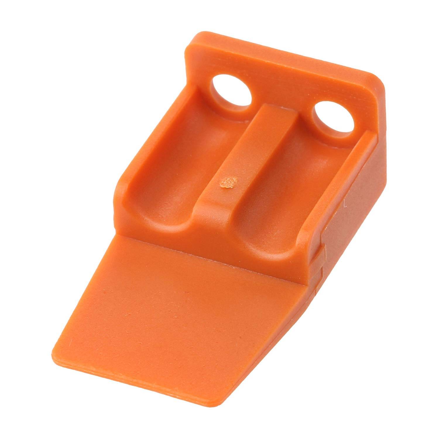 Orangefarbene Kunststoff-Eckhalterung mit zwei Löchern für Schrauben, verwendet zur Verbindungsunterstützung bei der Möbelmontage.