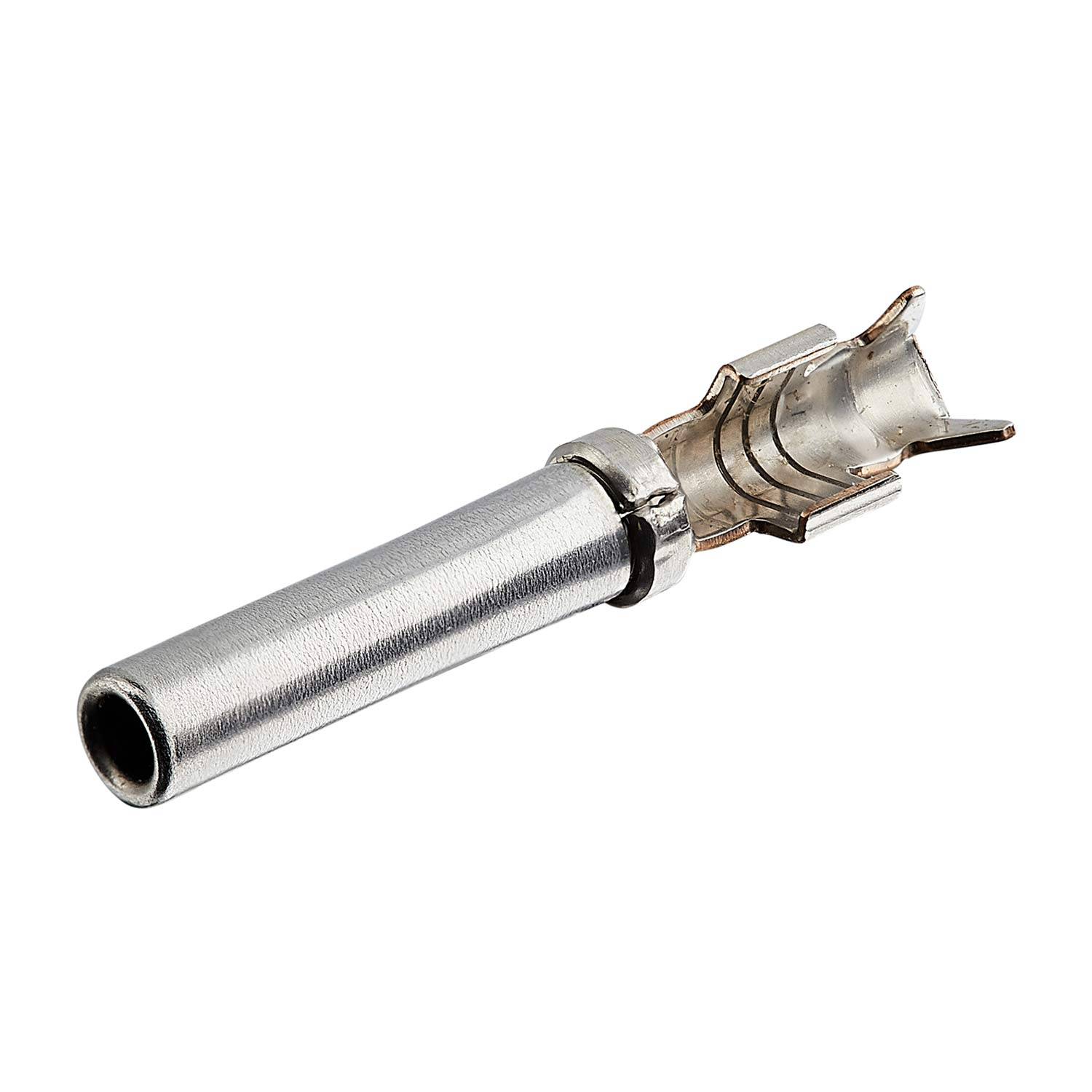 Ein Metallanschlusspin, der in elektrischen Baugruppen verwendet wird und durch sein zylindrisches Design und einen Befestigungsclip eine sichere Verbindung gewährleistet.