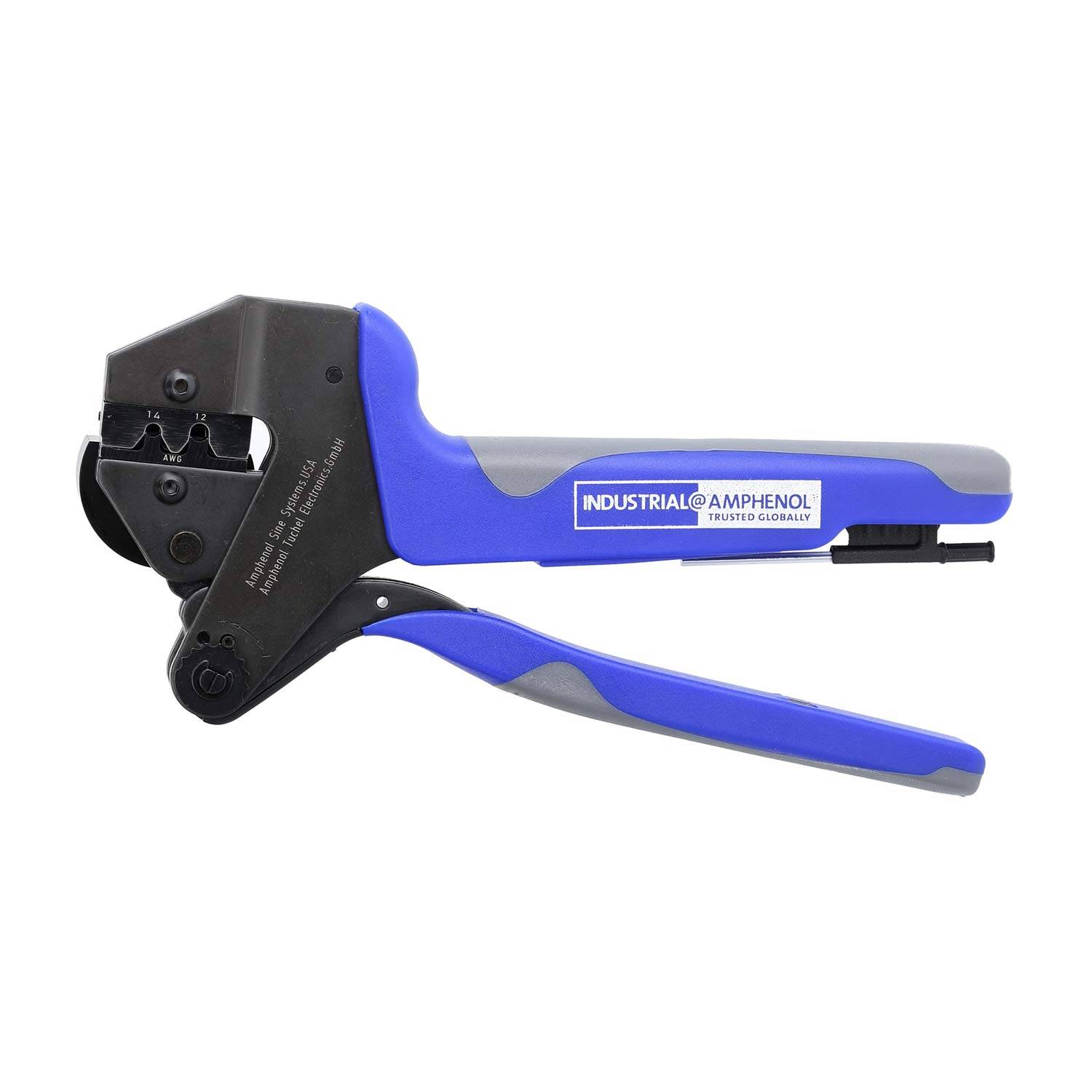 Crimpzange mit blauen und schwarzen Griffen, beschriftet mit 'Industrial @Amphenol T3100-C04AH', verwendet zum Verbinden von Steckern mit Kabeln.
