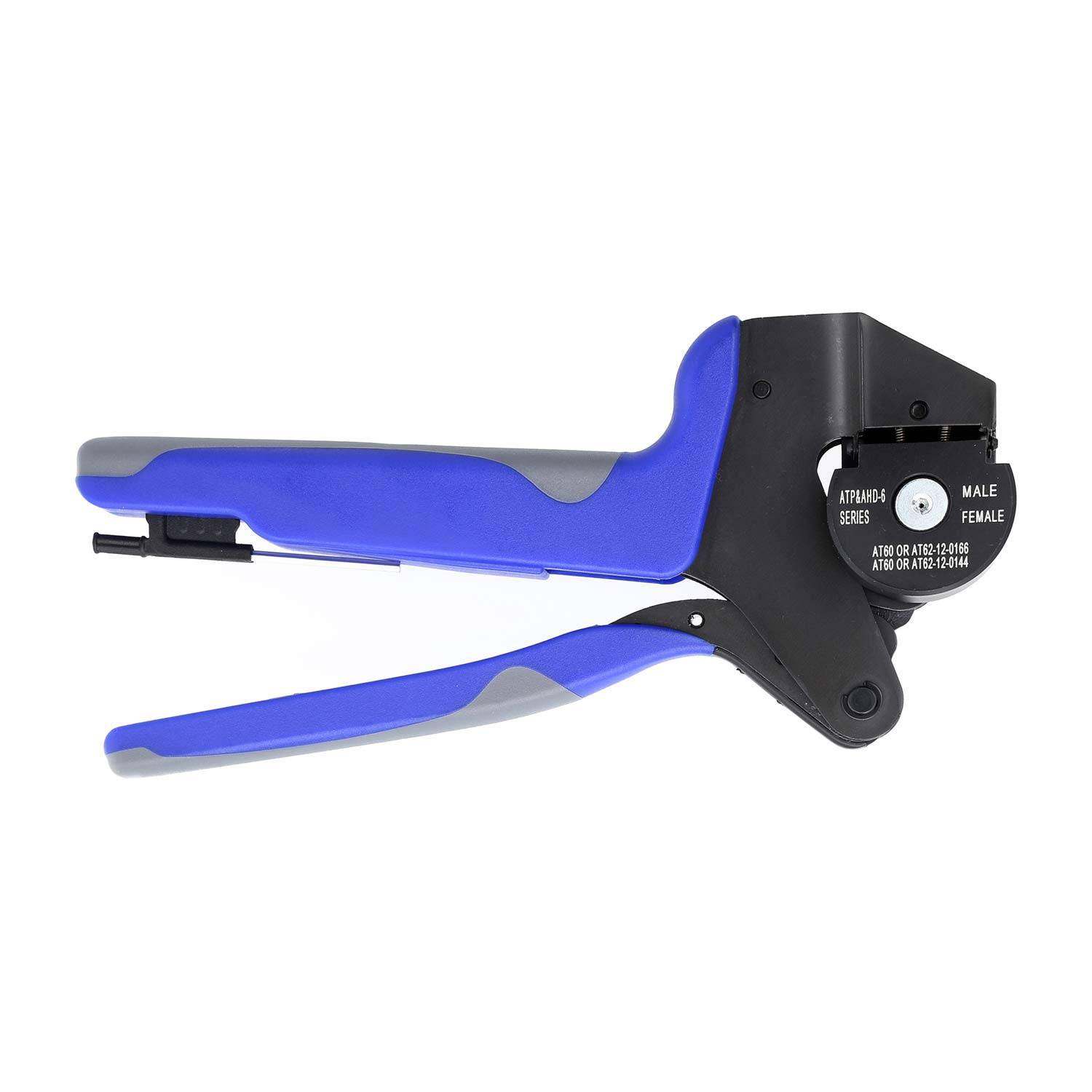 Manuelle Crimpzange mit blauen und grauen Griffen, verwendet zum Anbringen von Steckverbindern an Kabeln; mit beschrifteten 