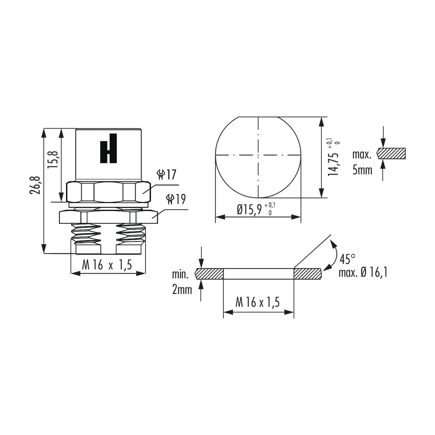 Technische Zeichnung eines Gewindefasteners, mit Vorder-, Ober- und Schnittansicht, mit markierten Abmessungen, Winkeln und Toleranzen.