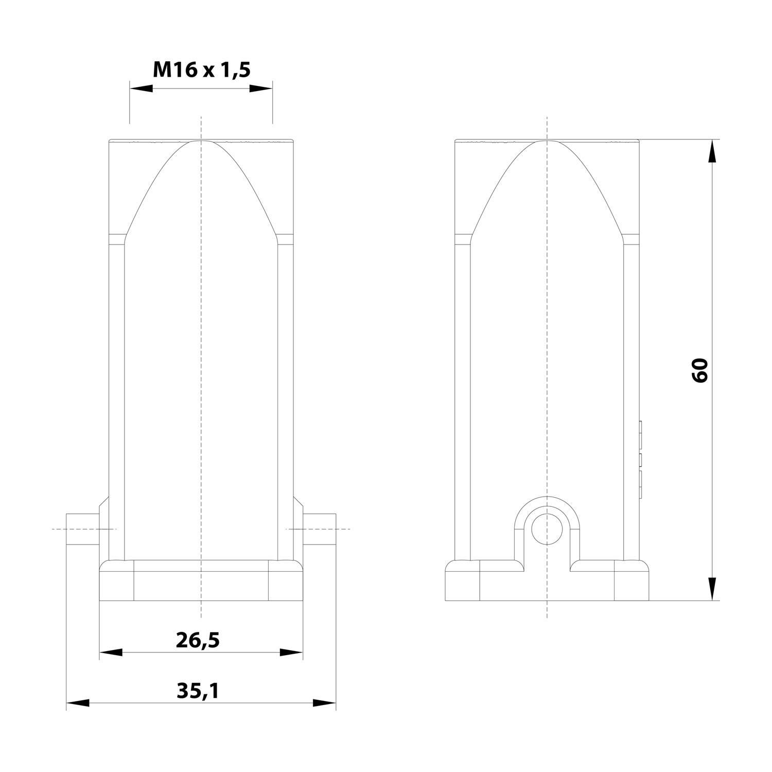 Technische Zeichnung einer zylindrischen Komponente mit Abmessungen: Höhe 60 mm, Basisbreite 35,1 mm, mit einem Gewinde-Oberteil M16 x 1,5.