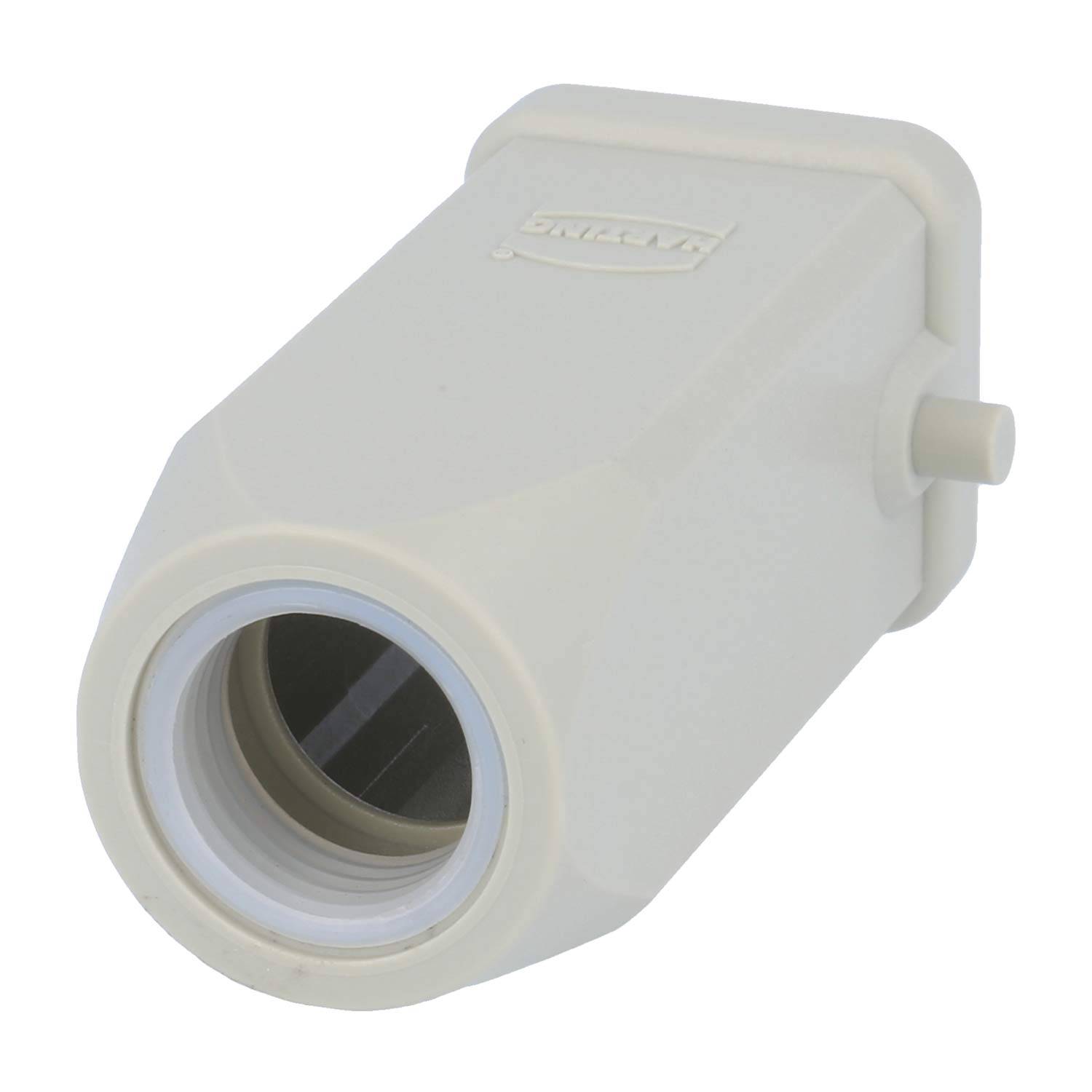 Ein weißes industrielles Kunststoffgehäuse für Verbinder mit Gewindeanschluss an einem Ende, das für sichere Kabel- oder Schlauchmontage konzipiert ist.