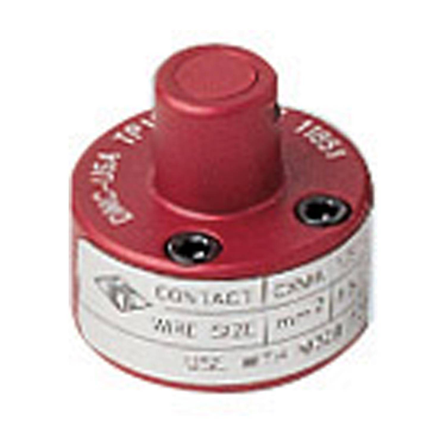 Ein roter kreisförmiger elektronischer Sensor mit Beschriftung an der Seite, der Modellinformationen trägt und zwei Schrauben auf der Oberseite aufweist.