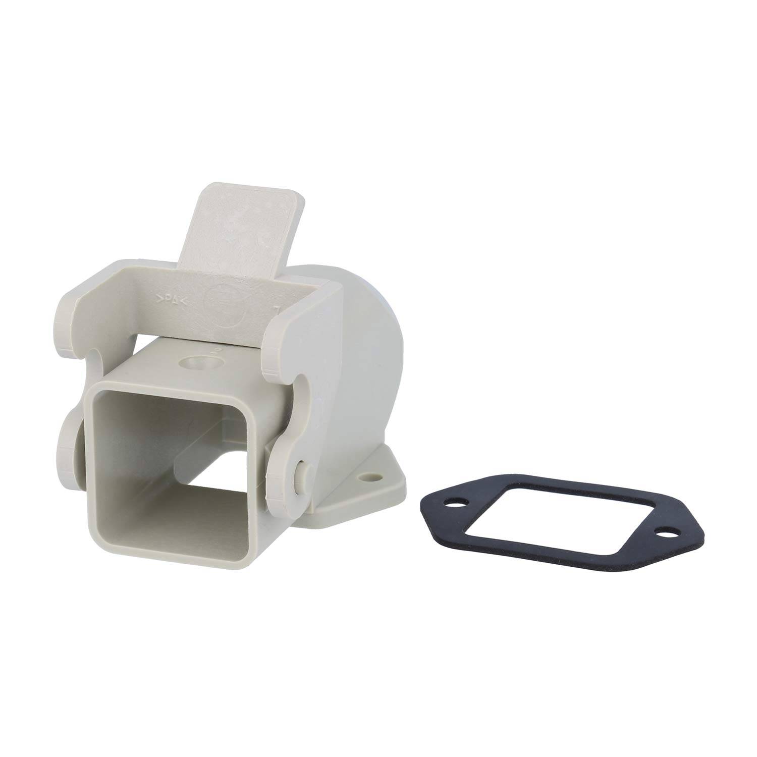 Ein weißes industrielles Anschlussgehäuse mit einer quadratischen Öffnung, zusammen mit einer schwarzen Dichtung.