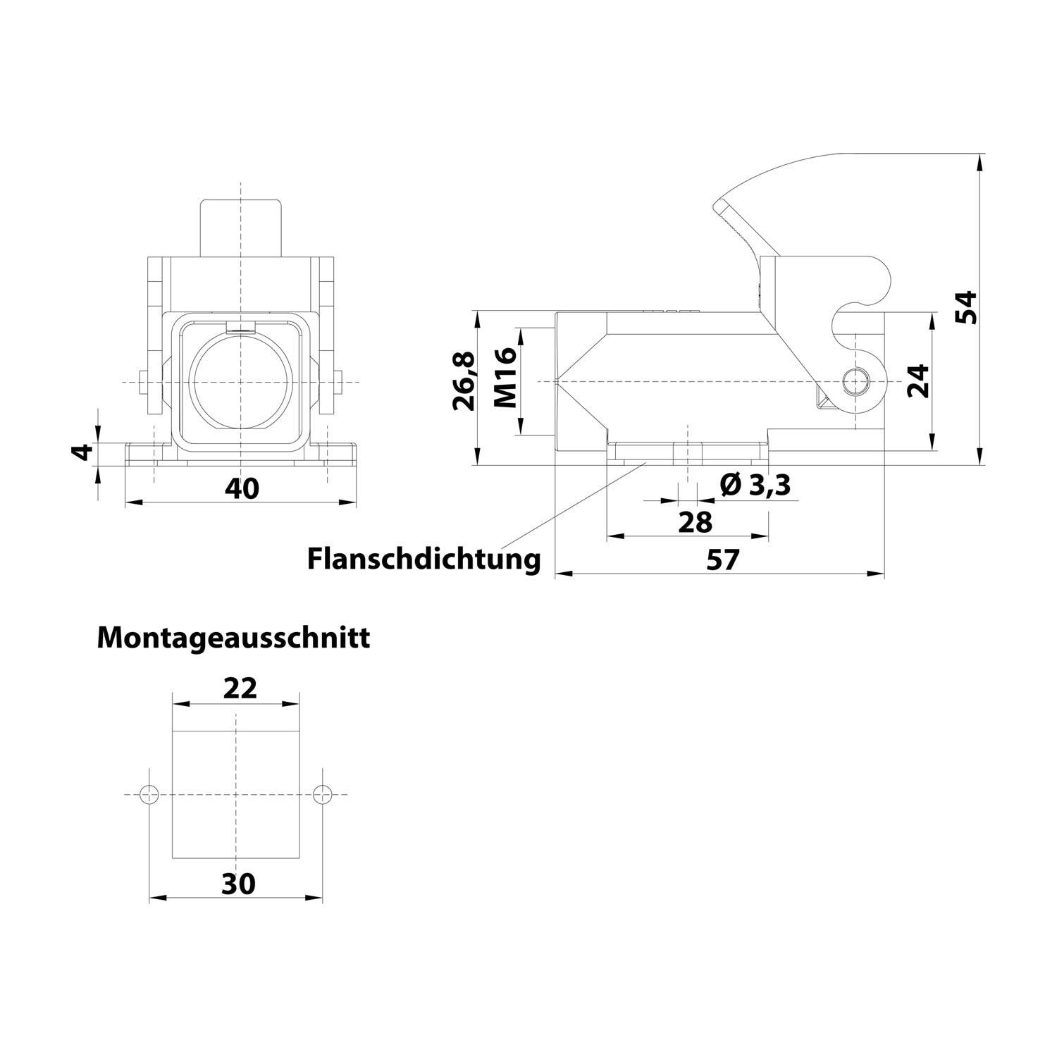 Technische Zeichnung mit Maßen: 54 x 57 mm Struktur, Merkmale M16-Anschluss, 3,3 mm Loch, Flanschdichtung markiert. Seiten- und Frontansicht.