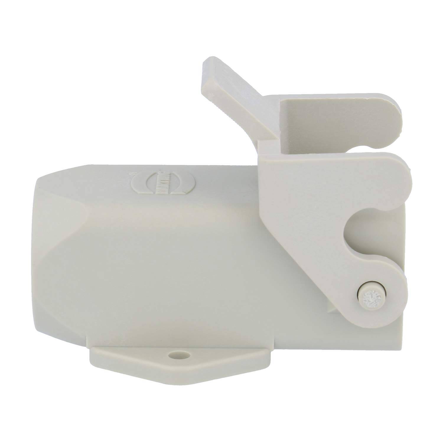 Eine weiße Kunststoffhalterung mit einem verstellbaren Arm, entwickelt zum Befestigen von Geräten, ausgestattet mit einem Schraubenloch für eine sichere Befestigung.