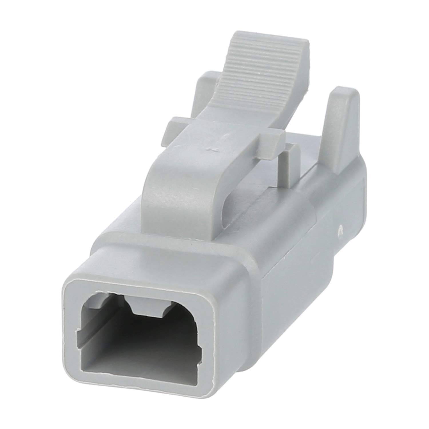 Ein grauer rechteckiger Elektroverbinder mit einem Verriegelungsmechanismus, der für sichere elektrische Verbindungen in Geräten konzipiert ist.