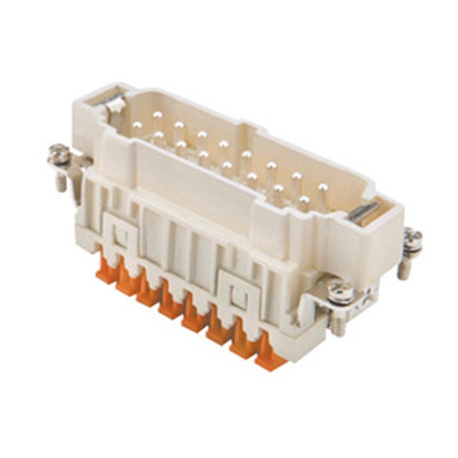Ein rechteckiger elektrischer Steckverbinder mit mehreren Pins und orangefarbenen Anschlüssen, der für industrielle oder elektronische Anwendungen verwendet wird.