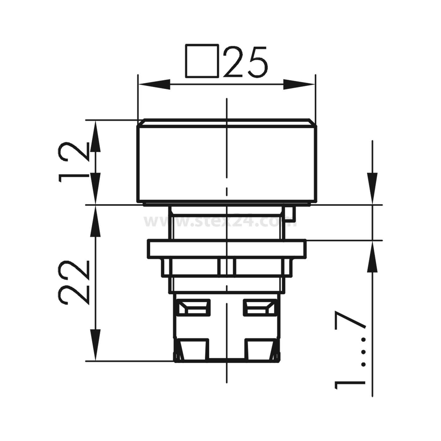 Technische Zeichnung einer quadratischen Taste mit Abmessungen: 25x25 mm, Gesamthöhe 34 mm, oberer Abschnitt 12 mm hoch, unterer Abschnitt 22 mm hoch.